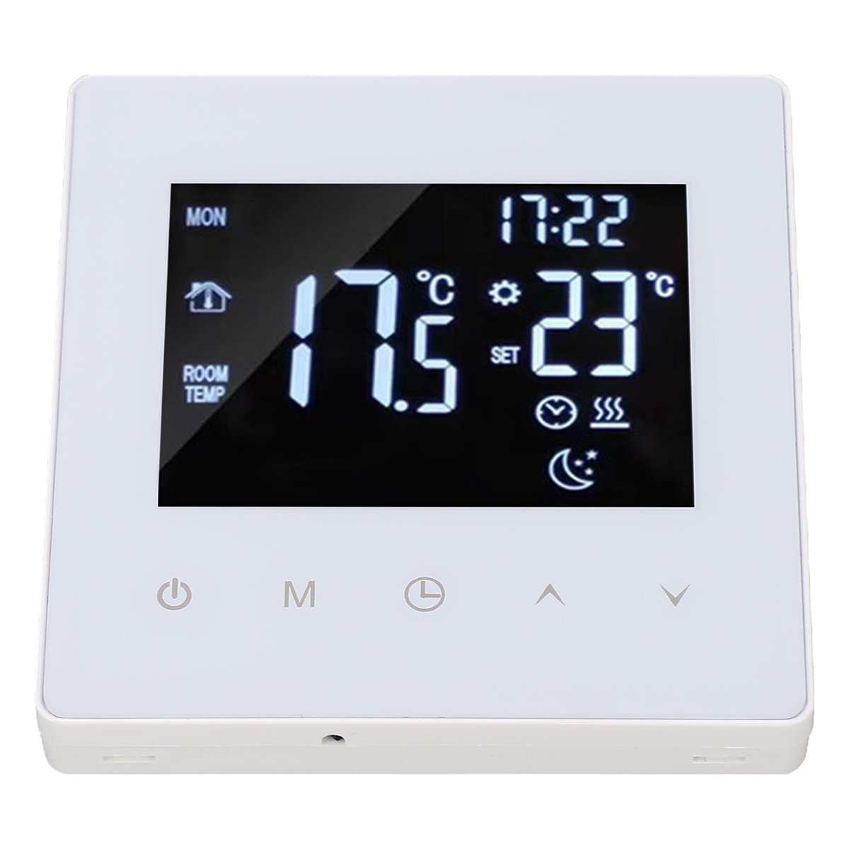 Ein weißes digitales Thermostat mit Anzeige von Zeit, Temperatur und Einstellungen. Tasten darunter.