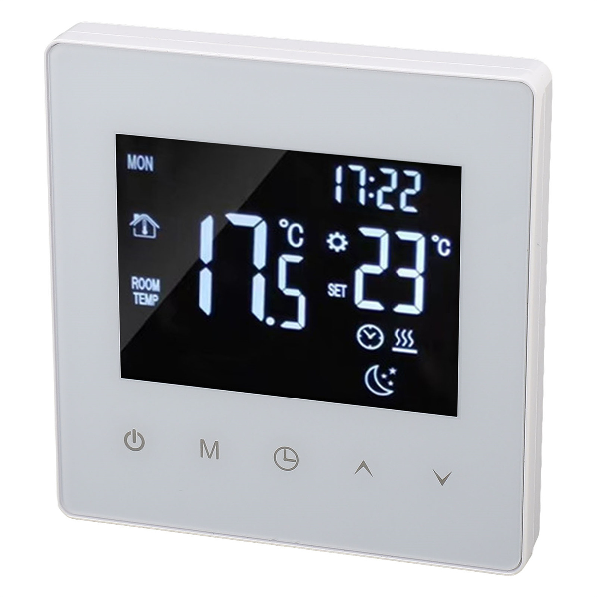 Weißes Thermostat mit einem Bildschirm, der Zeit, Temperatur und Einstellungen anzeigt.