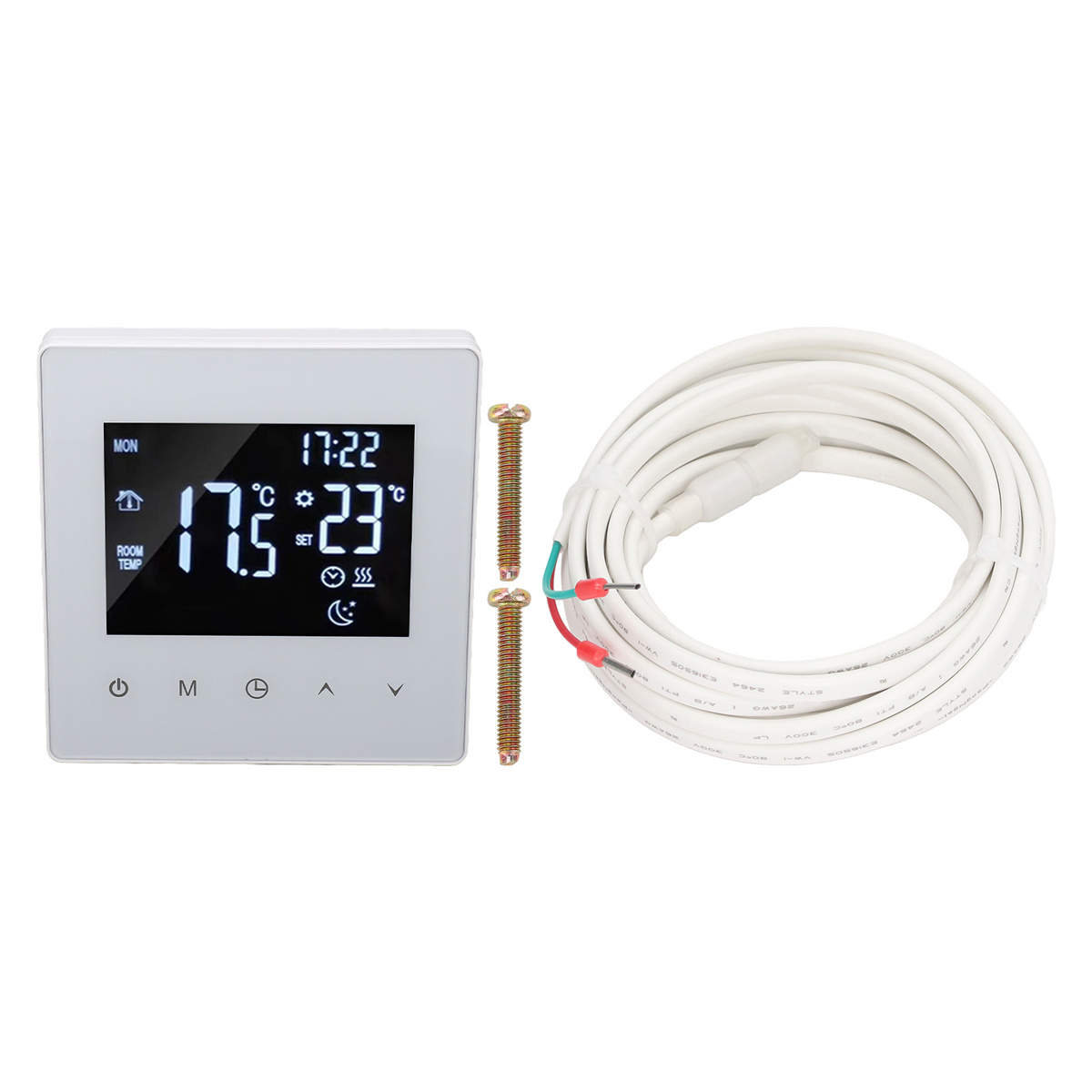 Weißer Thermostat mit Anzeige von Zeit und Temperatur, mit Schrauben und Kabel.
