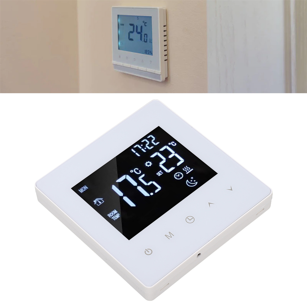 Ein weißes Thermostat an einer beigen Wand zeigt 24 Grad an. Ein anderes Thermostat zeigt 17,5 Grad und 23 Grad.