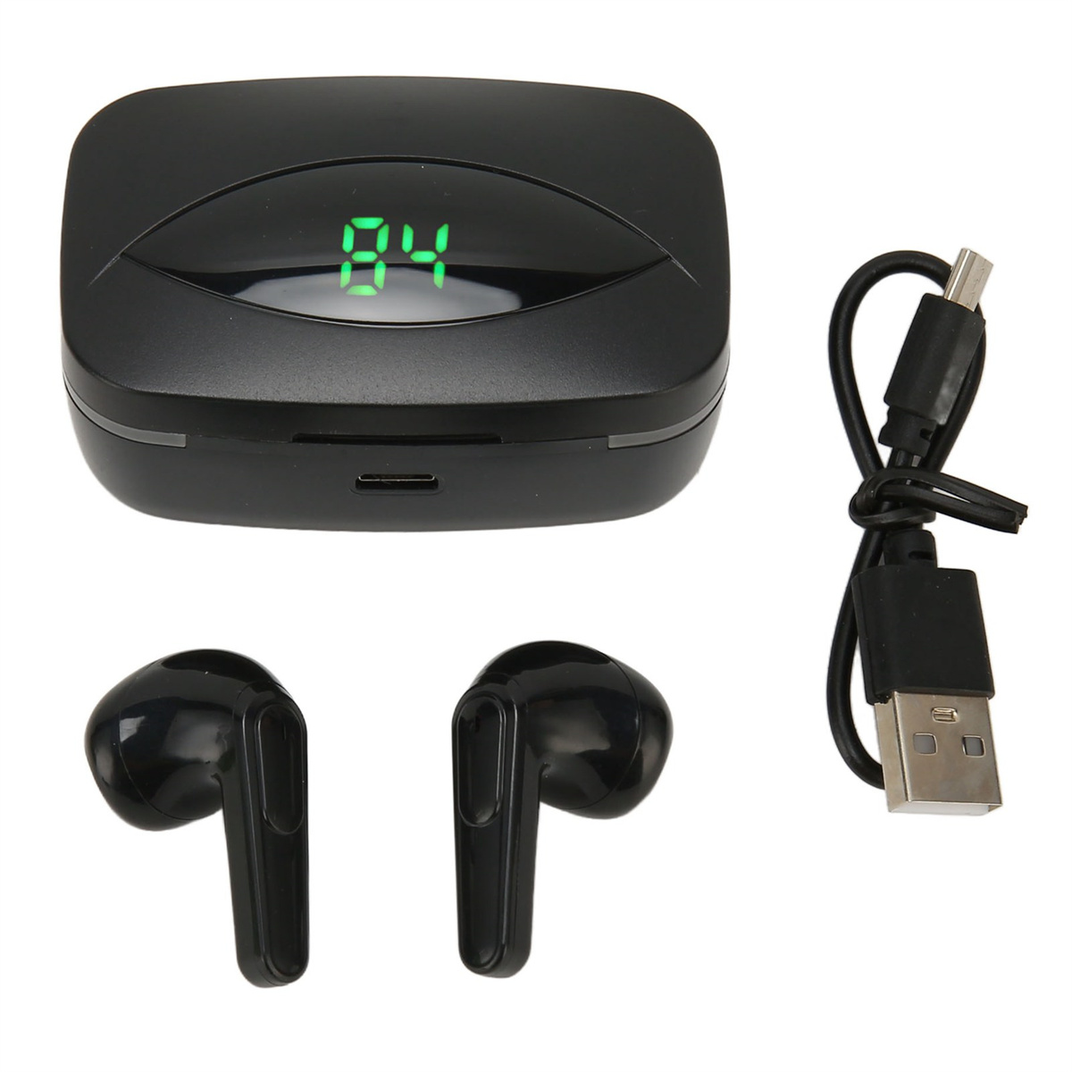Schwarze kabellose Ohrhörer, Ladecase mit Anzeige 84 und Ladekabel.