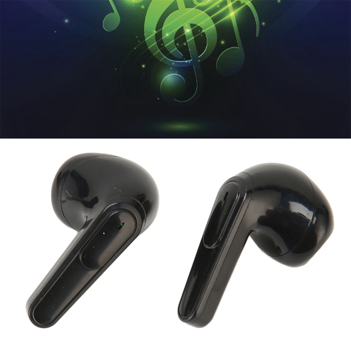 Zwei schwarze Ohrhörer vor einem musikalischen Hintergrund. Sie haben ein schlankes Design und sind kabellos.