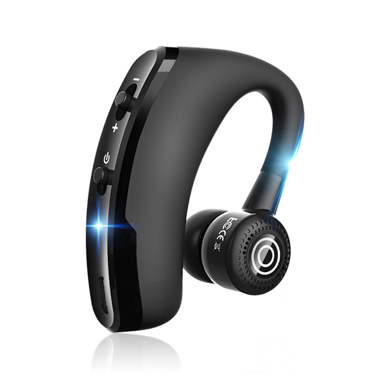 Schwarzes Bluetooth-Headset mit Knöpfen und blauem Lichteffekt auf weißem Hintergrund.
