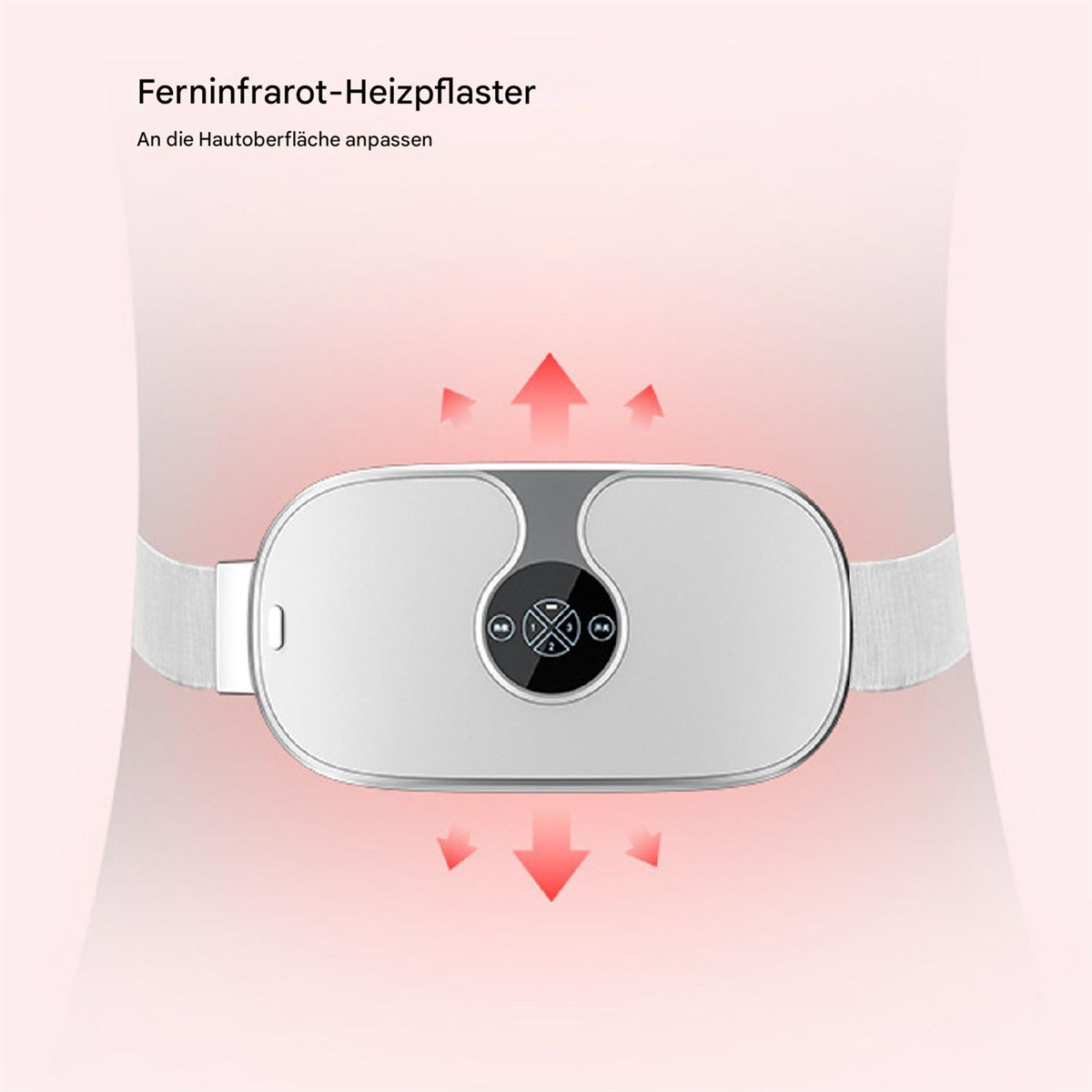 Ein weißes Heizkissen, das am Bauch einer Person getragen wird, mit roten Pfeilen, die die Wärmeverteilung anzeigen.