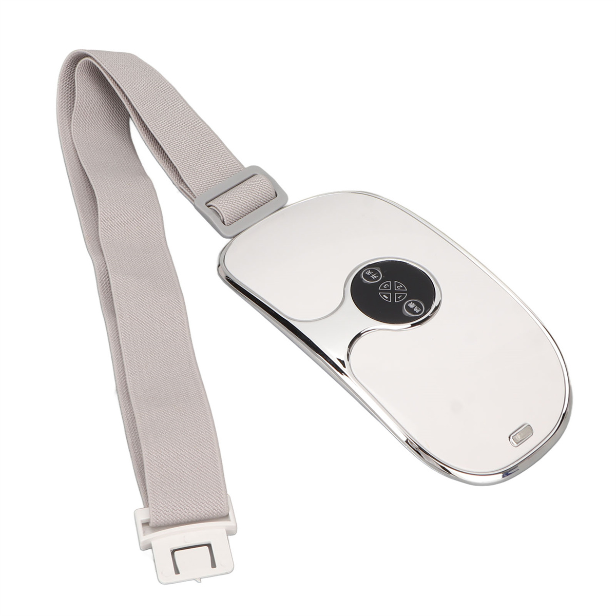 Silberner Gesichtsmassager mit Riemen, mit einem Tastenlayout.