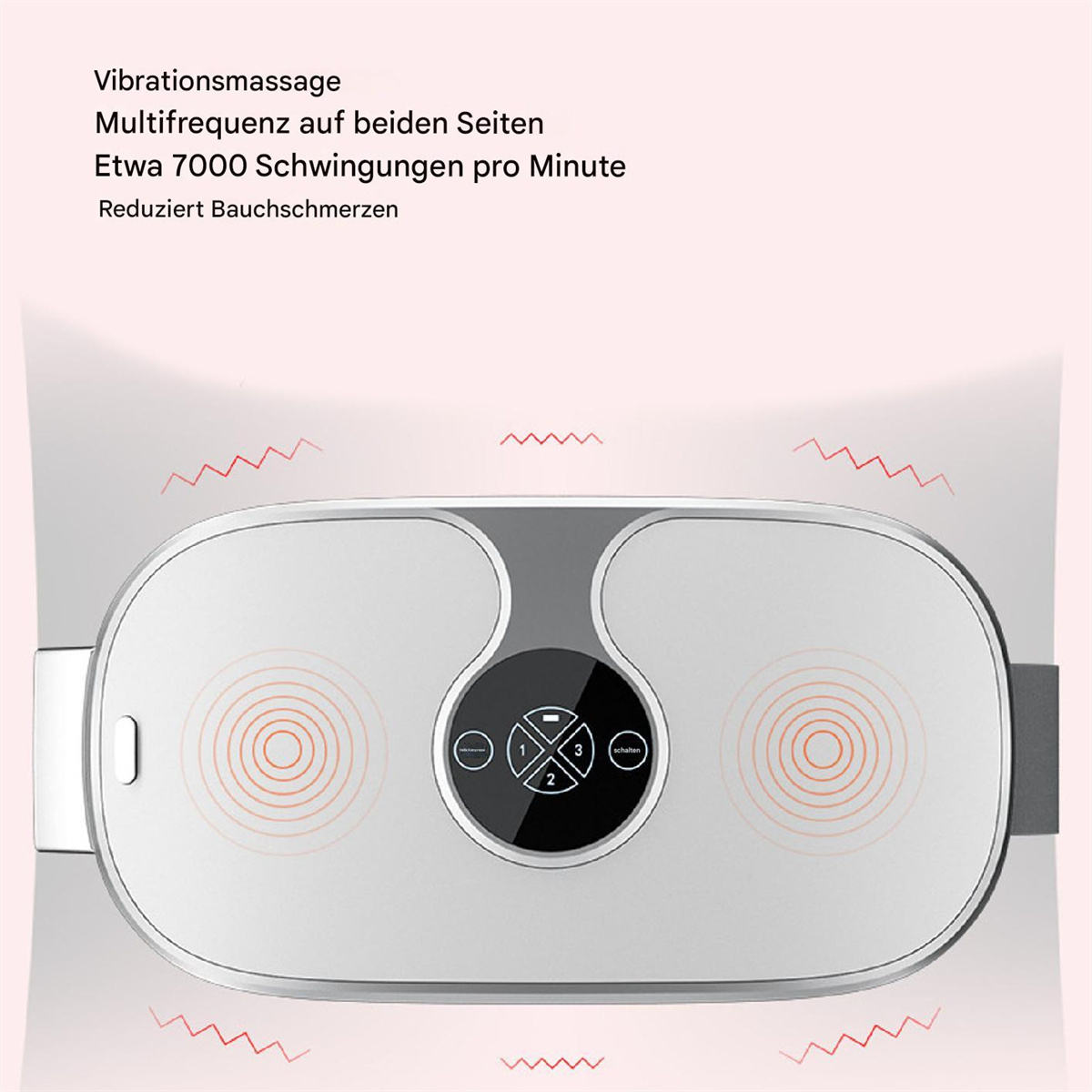 Weißer und grauer Körpermassagegerät mit Bedienfeld. Rote Wellenlinien zeigen Vibrationen an.