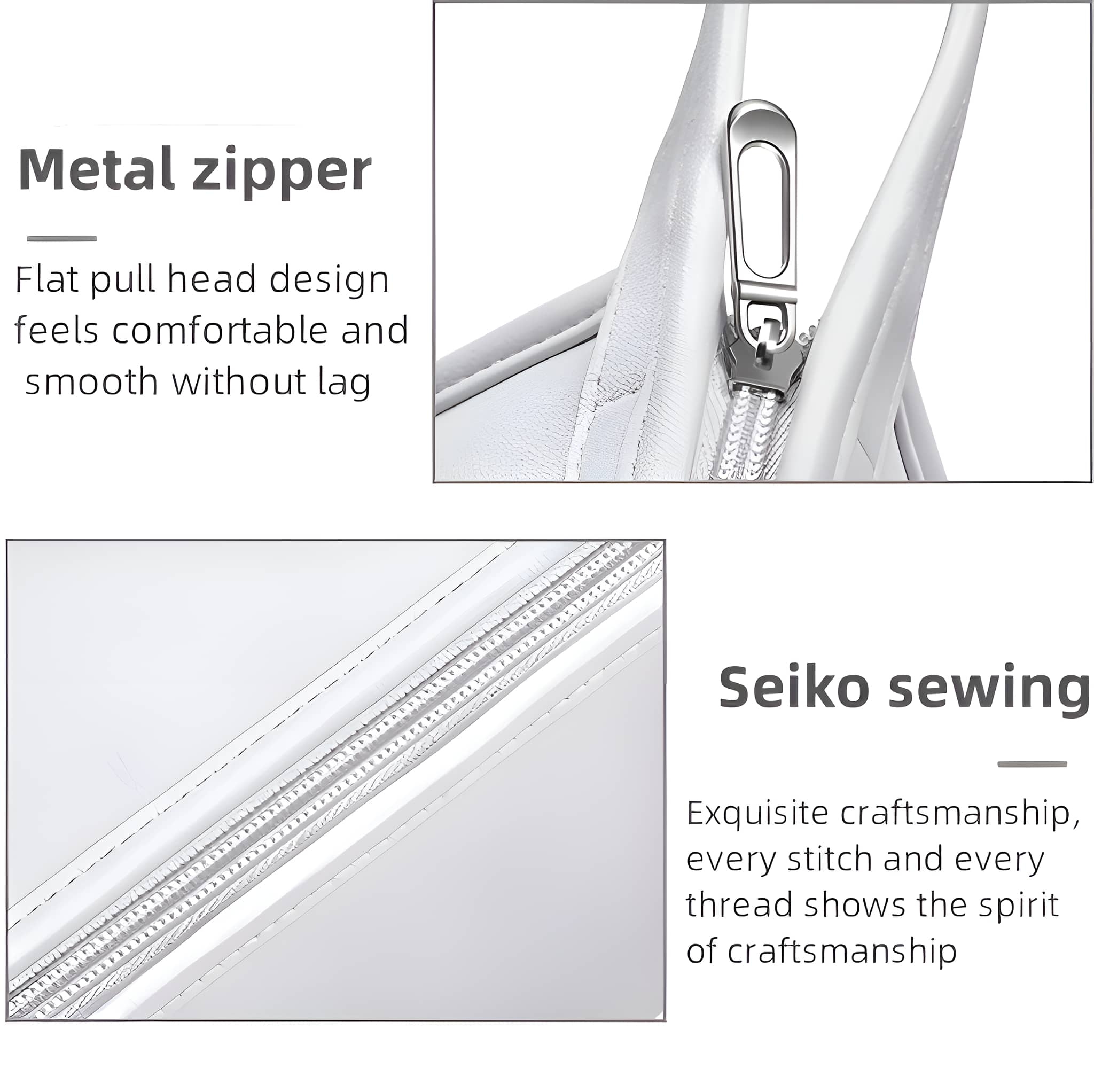 Nahaufnahme einer weißen Tasche mit Metallreißverschluss und Nahtdetails. Text sagt Metallreißverschluss und Seiko-Nähen.