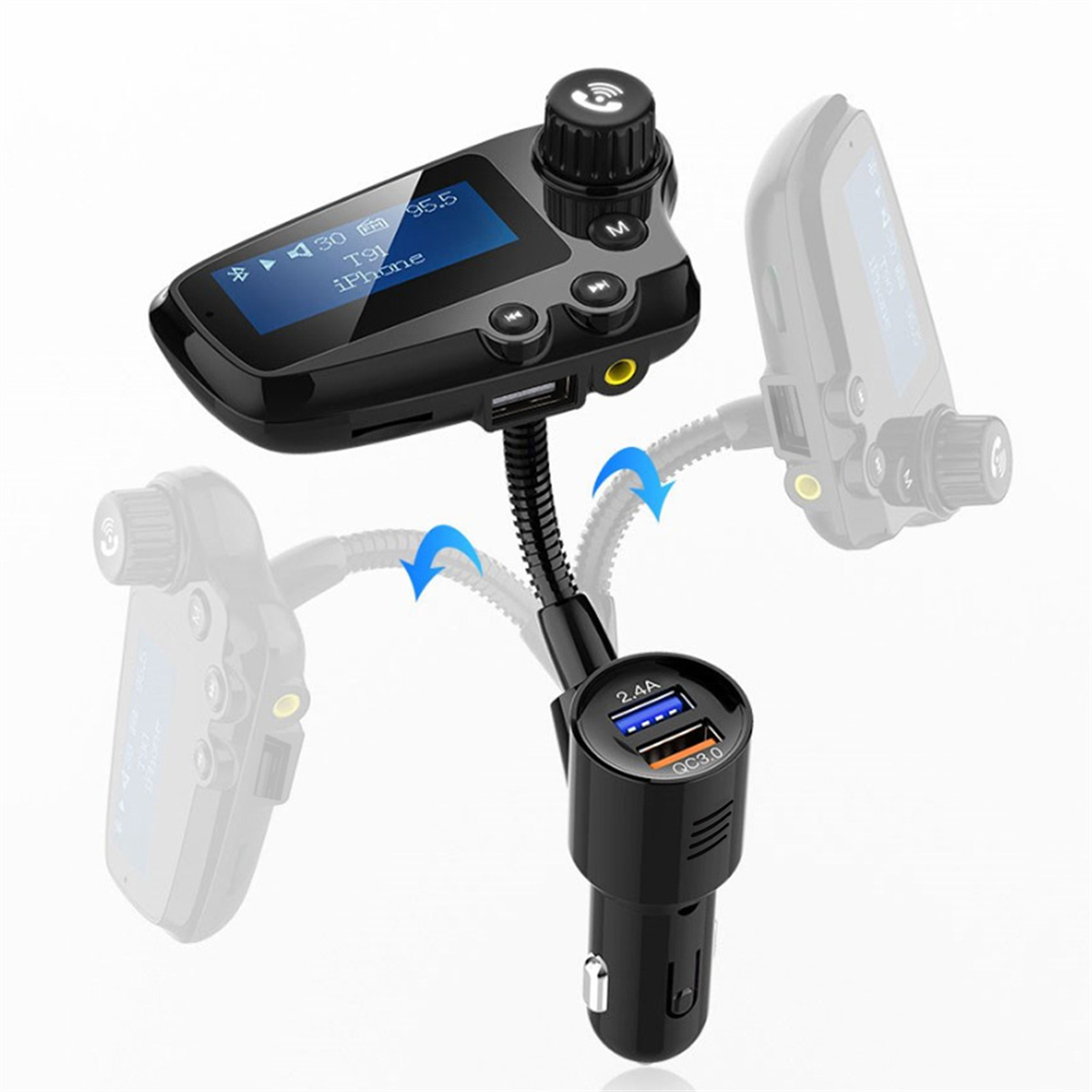 Auto-FM-Transmitter. Schwarzes Gerät mit Bildschirm und USB-Anschlüssen. Flexibles Halsdesign.