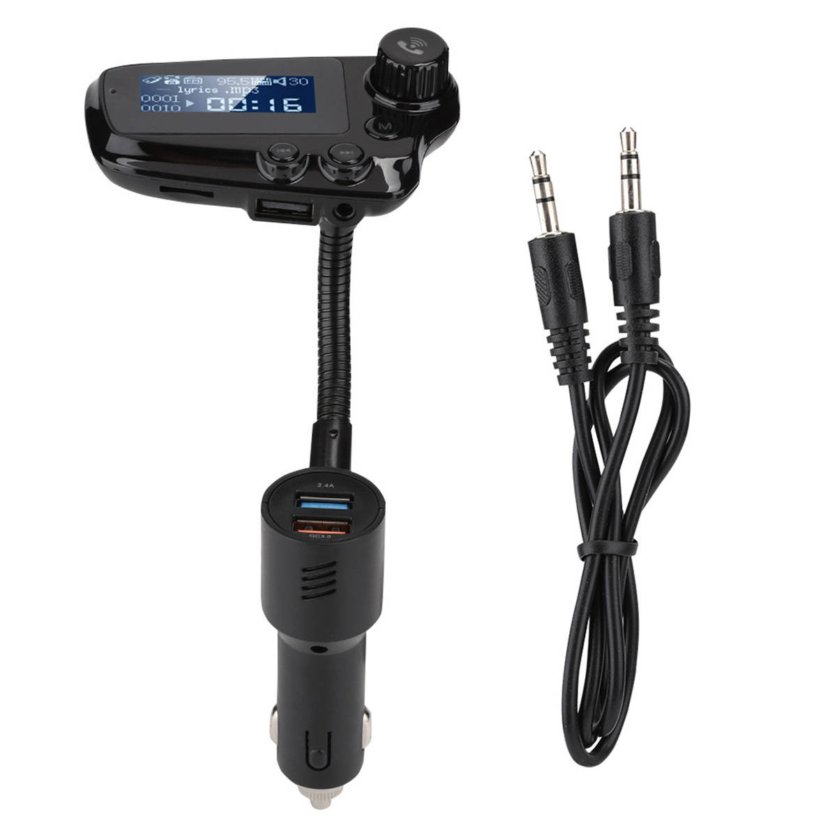 Schwarzer FM-Transmitter für das Auto mit Bildschirm und zwei schwarzen Audiokabeln.