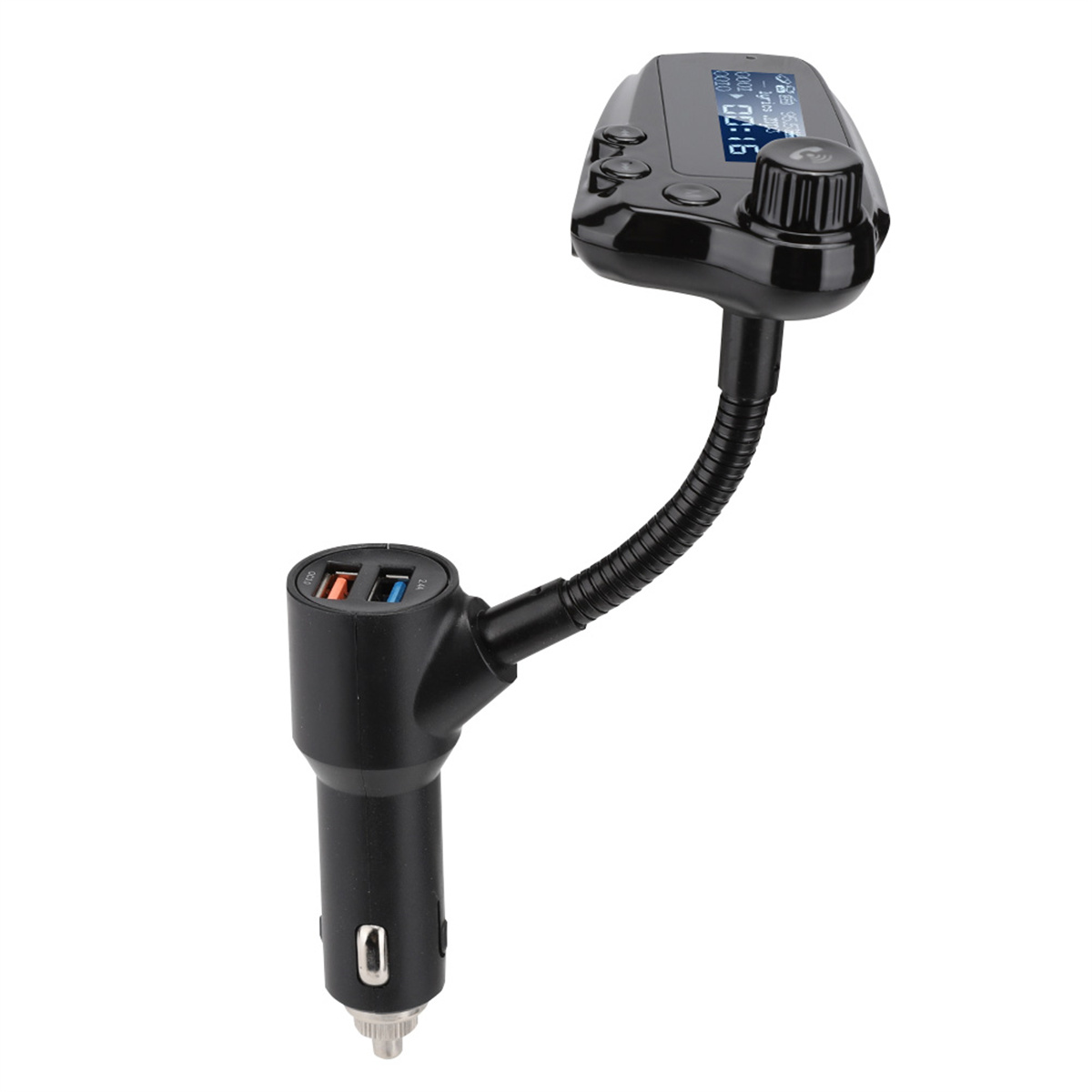 Ein schwarzes Autoladegerät mit USB-Anschlüssen und flexiblem Hals, mit Digitalanzeige.