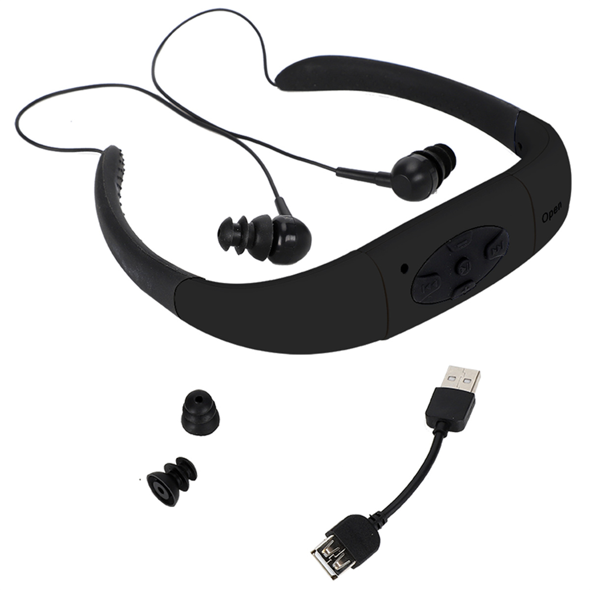 Schwarze Kopfhörer mit Ohrstöpseln und einem USB-Kabel. Die Kopfhörer sind zum Schwimmen.