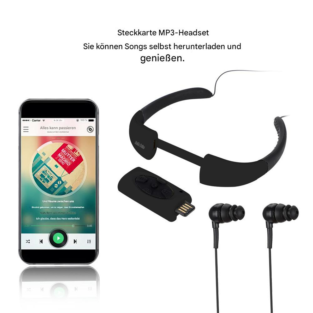 Ein Smartphone, das eine Musik-App zeigt, mit einem schwarzen Headset, einer Fernbedienung und Ohrhörern.