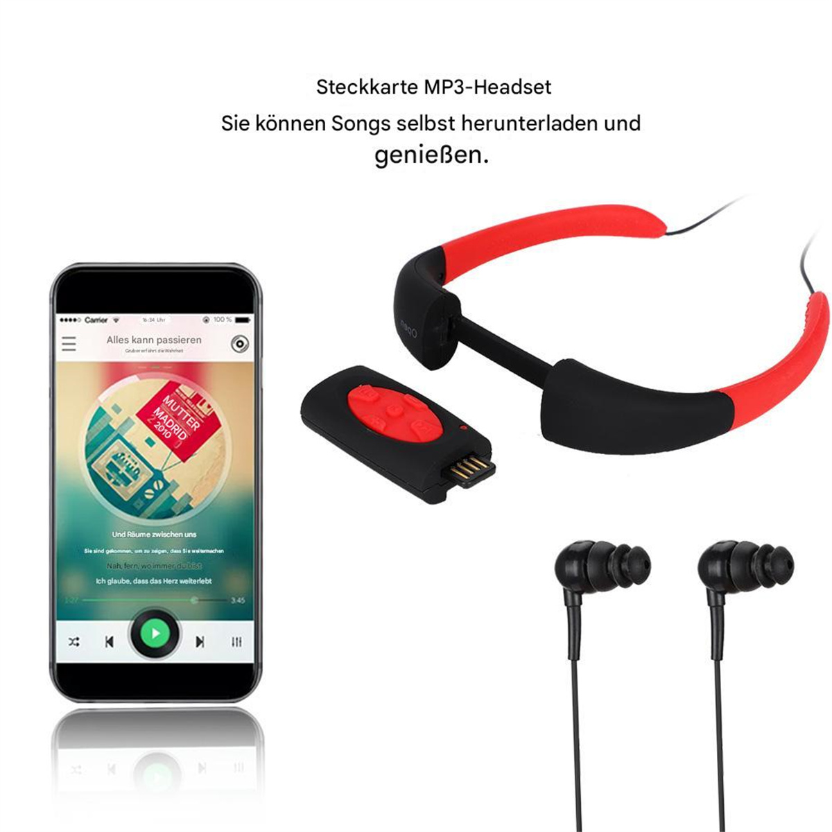 MP3-Headset und Telefon. Text: Steckerkarte MP3-Headset. Sie können Songs selbst herunterladen und genießen.