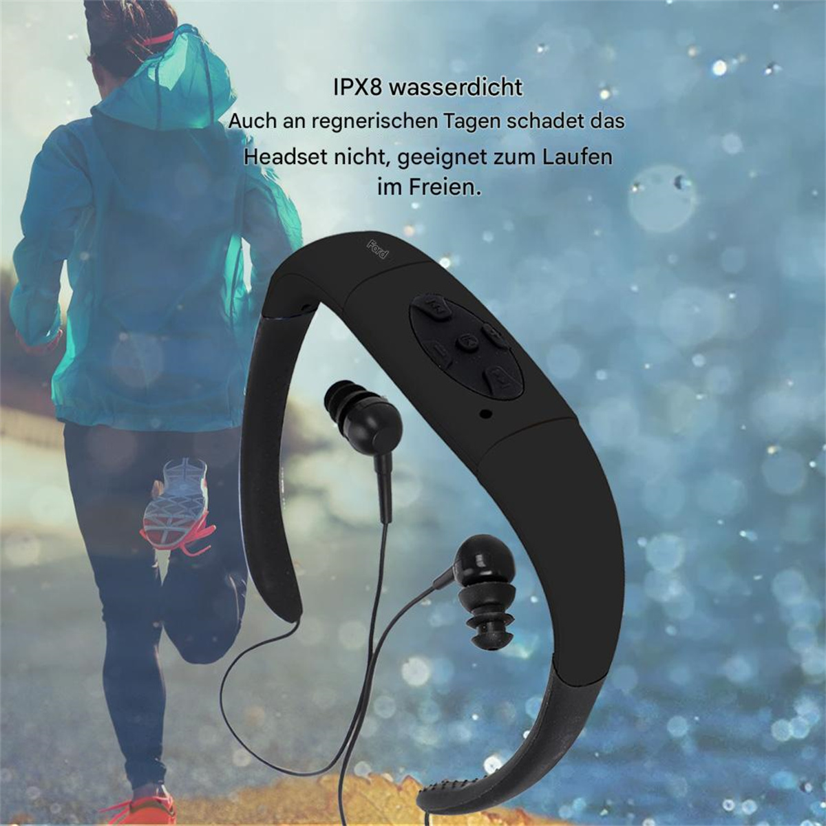Schwarze, wasserdichte Kopfhörer um einen Hals. Im Hintergrund wird gelaufen, Wassertropfen sind sichtbar.