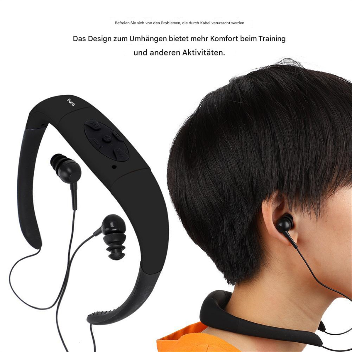 Ein schwarzes Nackenband-Headset mit Ohrhörern, getragen von einer Person mit schwarzen Haaren.