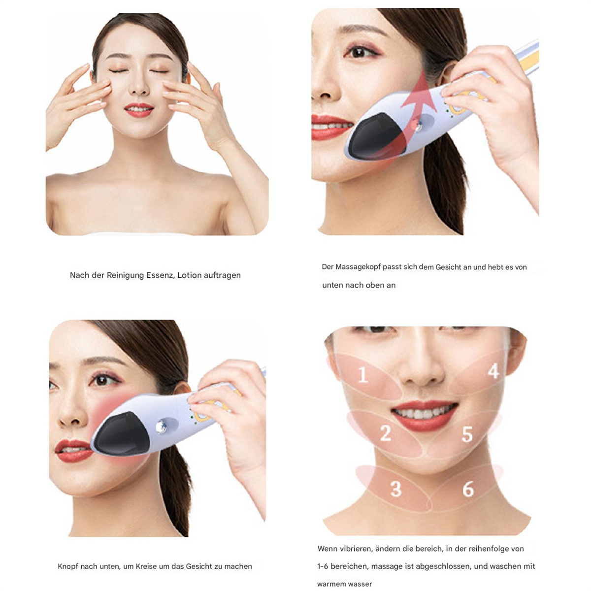 Vier Bilder einer Frau, die ein Gesichtsmassagegerät verwendet. Anweisungen und Diagramme sind in den Bildern vorhanden.