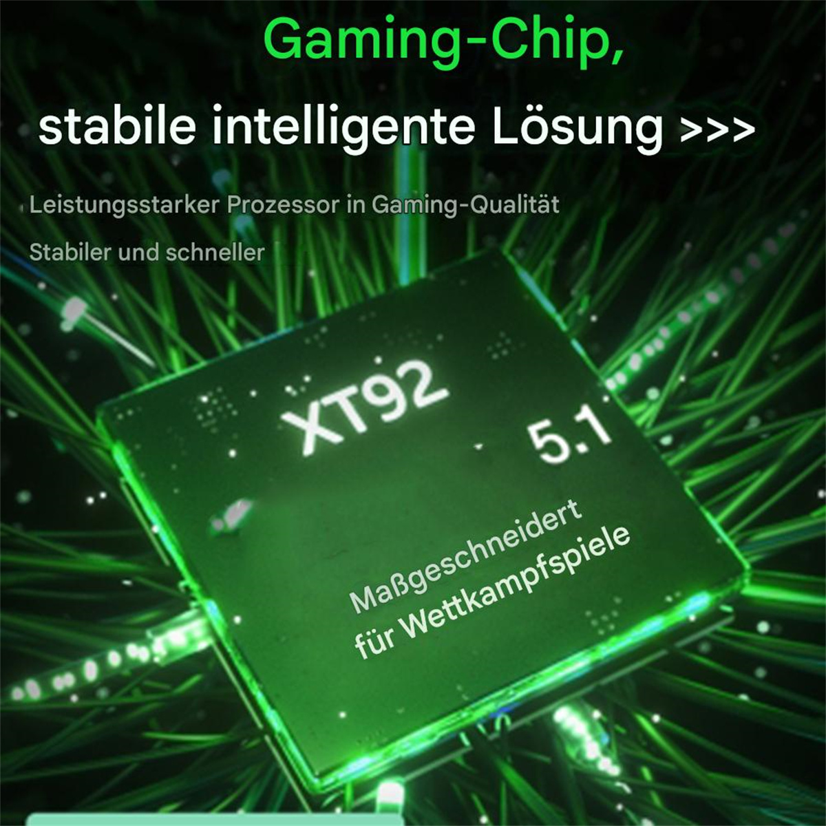 Grüner Chip mit Text. Grüner Text oben, 'XT92 5.1' auf dem Chip. Weißer Hintergrund.