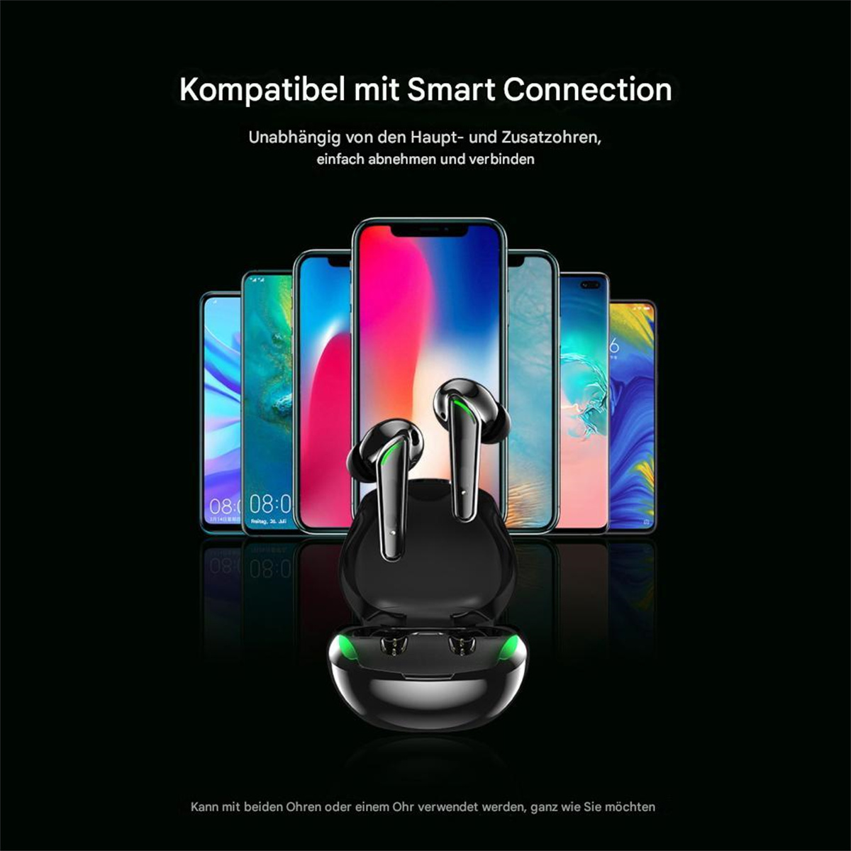 Kabellose Ohrhörer in einem Ladecase, mit Smartphones im Hintergrund. Text sagt Smart Connection.