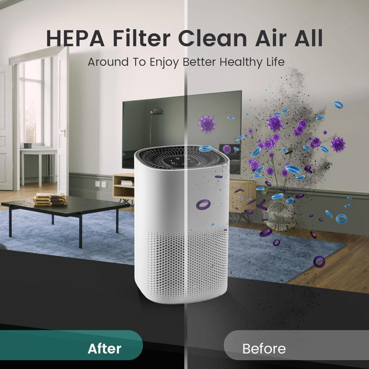 Weißer Luftreiniger in einem Raum. Die „Vorher“-Seite zeigt Verschmutzung. Die „Nachher“-Seite ist sauber. Texte sagen „HEPA Filter Clean Air All“.