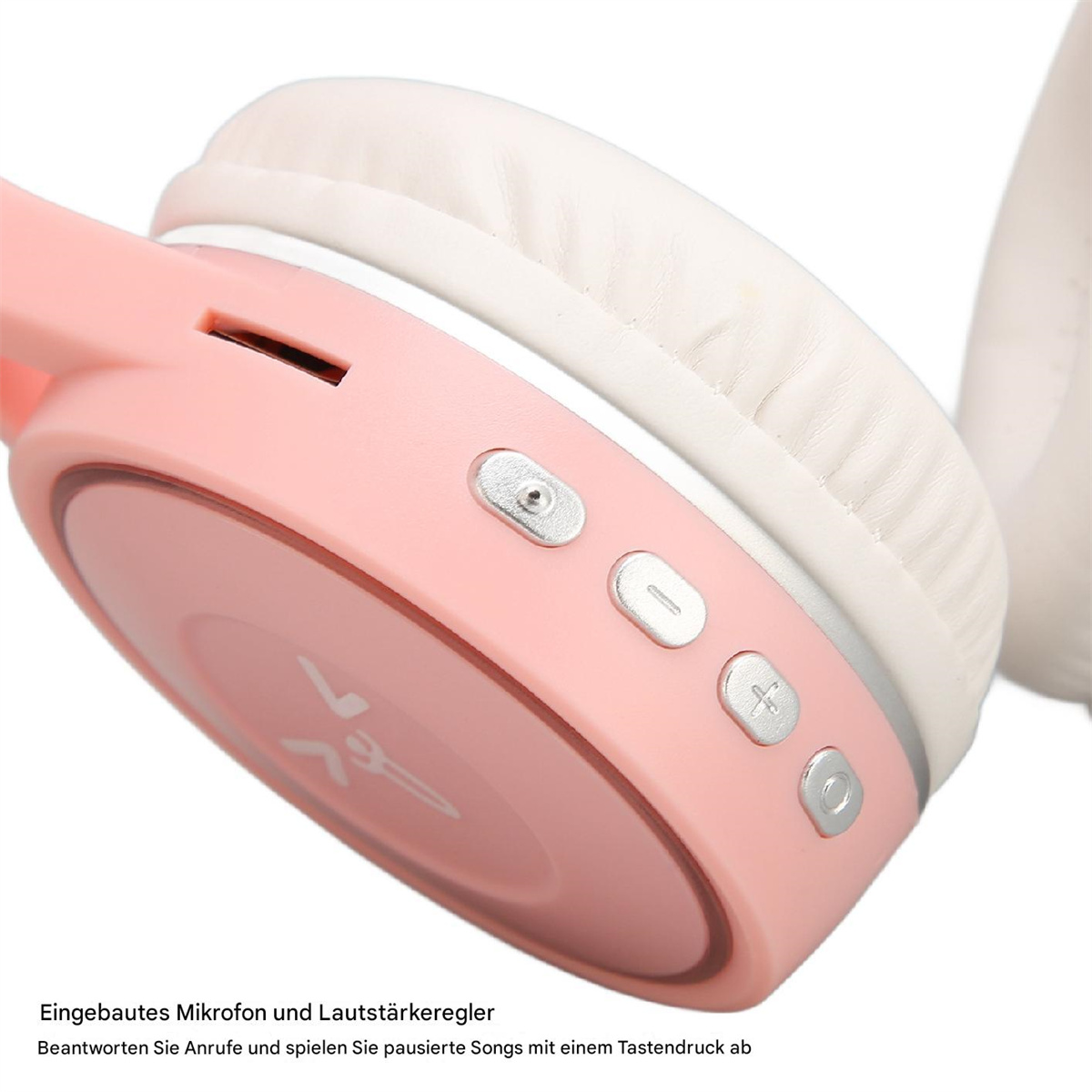 Nahaufnahme eines rosa Kopfhörers mit Knöpfen und Mikrofon.