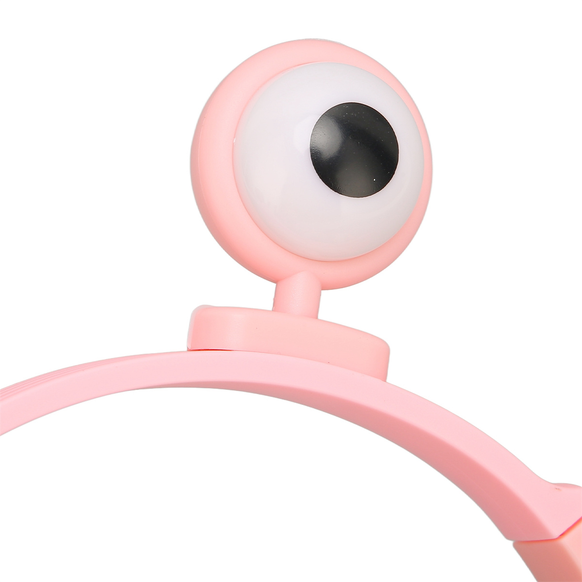 Rosa Webcam mit großem augenförmigem Objektiv auf einem gebogenen Arm. Weißer Hintergrund.