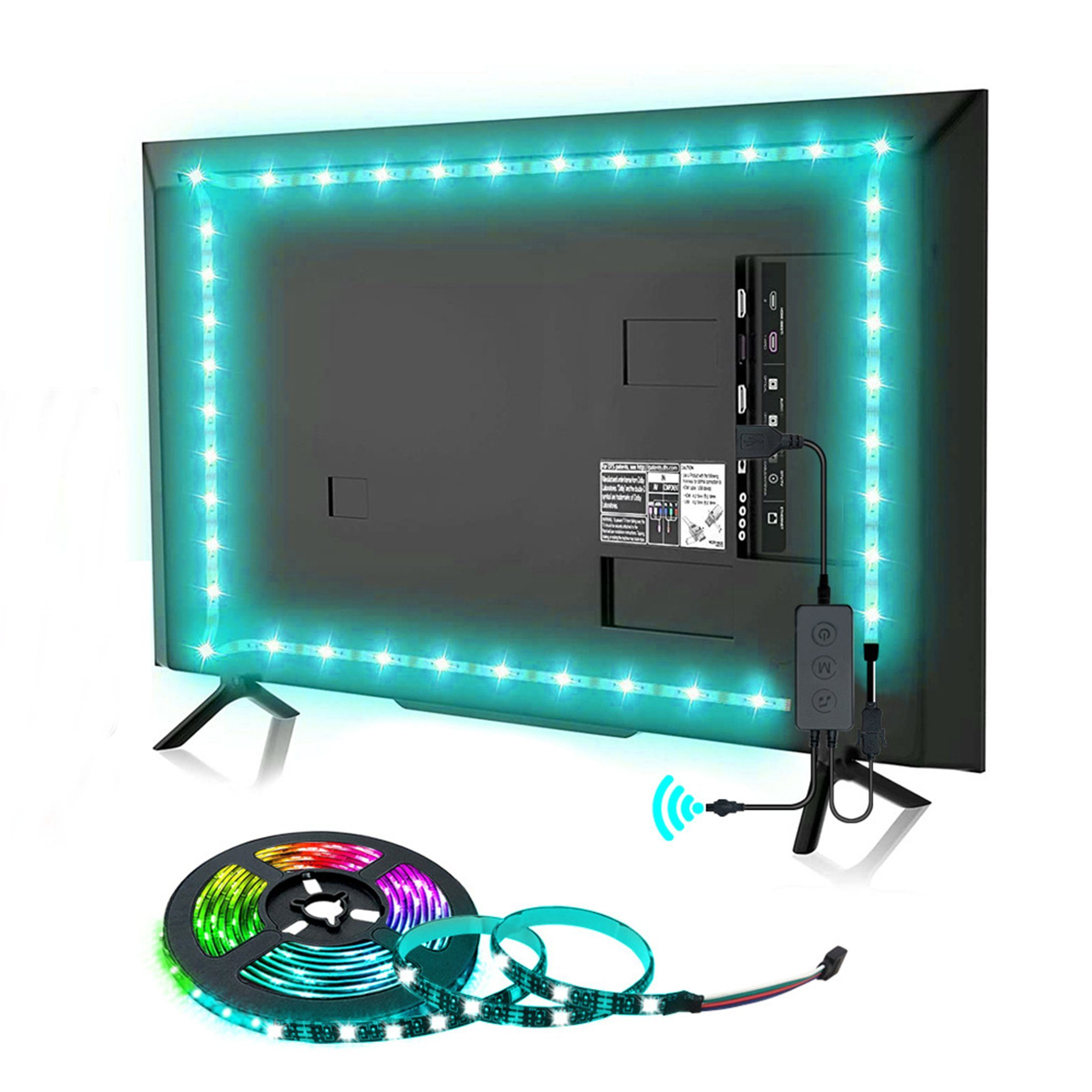 Ein Fernseher mit LED-Streifenlichtern darum herum und eine Fernbedienung. Eine Rolle Lichter befindet sich unten.
