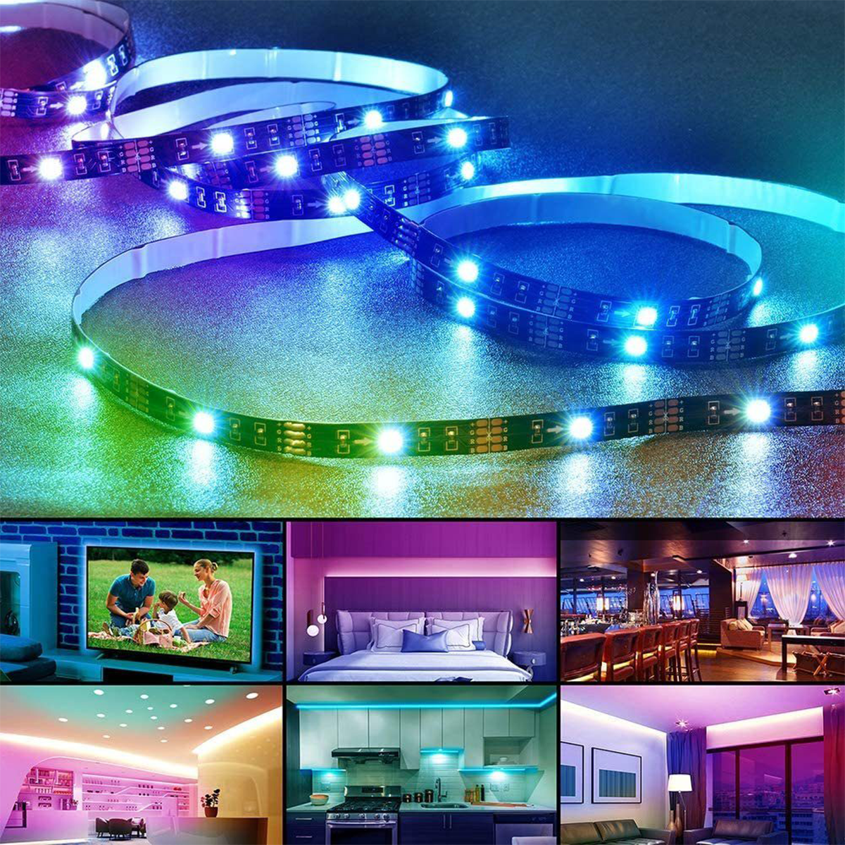 LED-Streifen in verschiedenen Umgebungen: TV, Schlafzimmer, Küche, Bar und Wohnzimmerszenen.