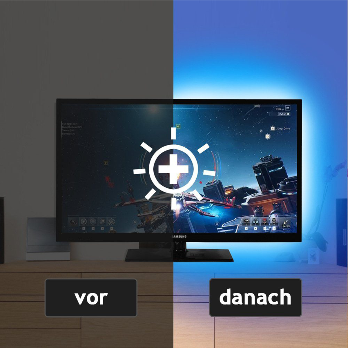 Ein geteilter TV-Bildschirm, der Vorher- und Nachher-Bilder eines Spiels mit Lichteffekt zeigt.