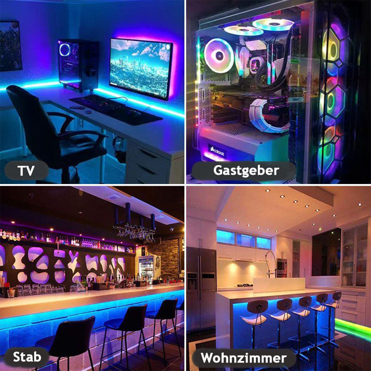 Vier Bilder mit LED-Streifen, die verschiedene Bereiche beleuchten: Computereinrichtung, Computergehäuse, Bar und Küche.