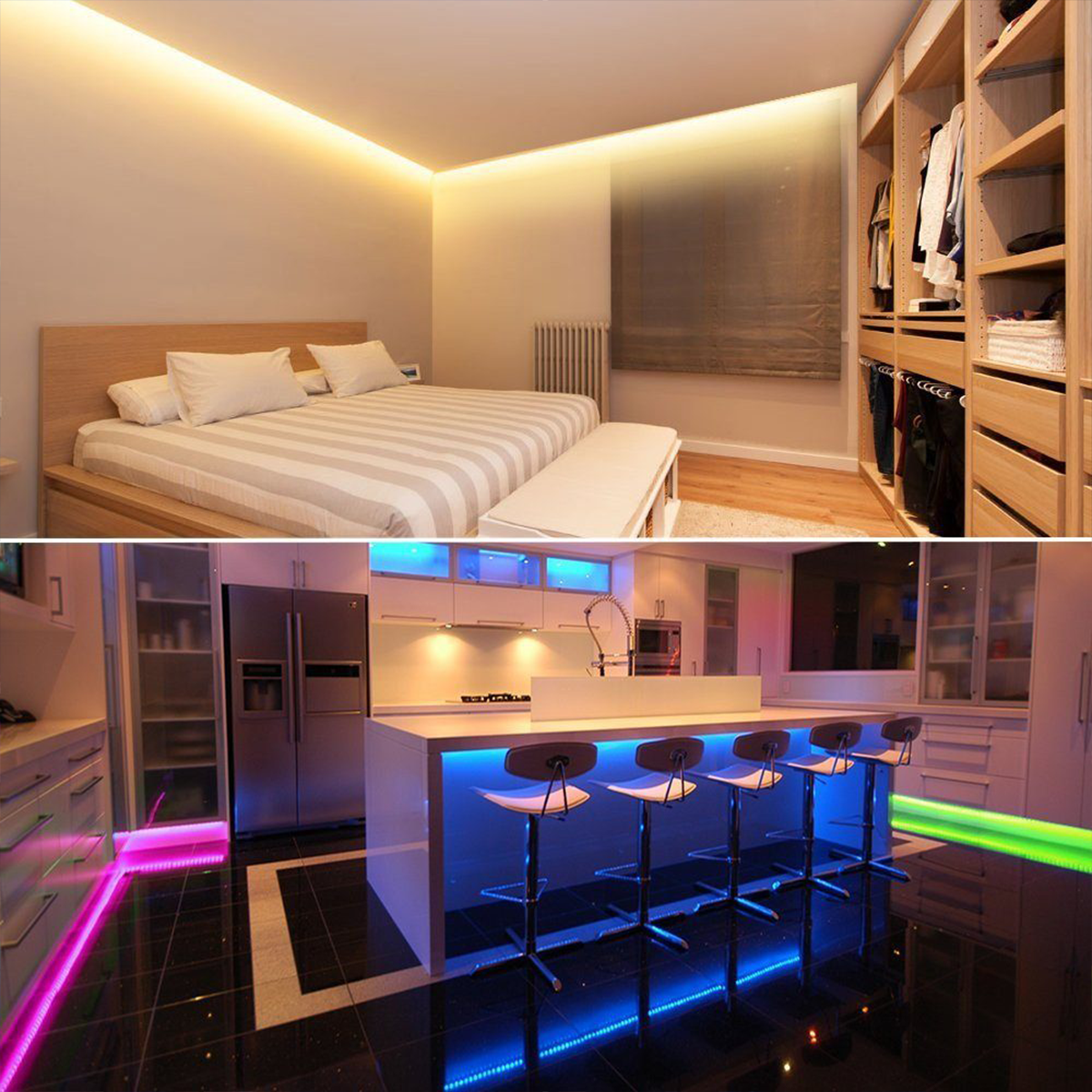 Modernes Schlafzimmer und Küche. Bett, Schrank, Kücheninsel mit Hockern und Dekorationsbeleuchtung sind sichtbar.