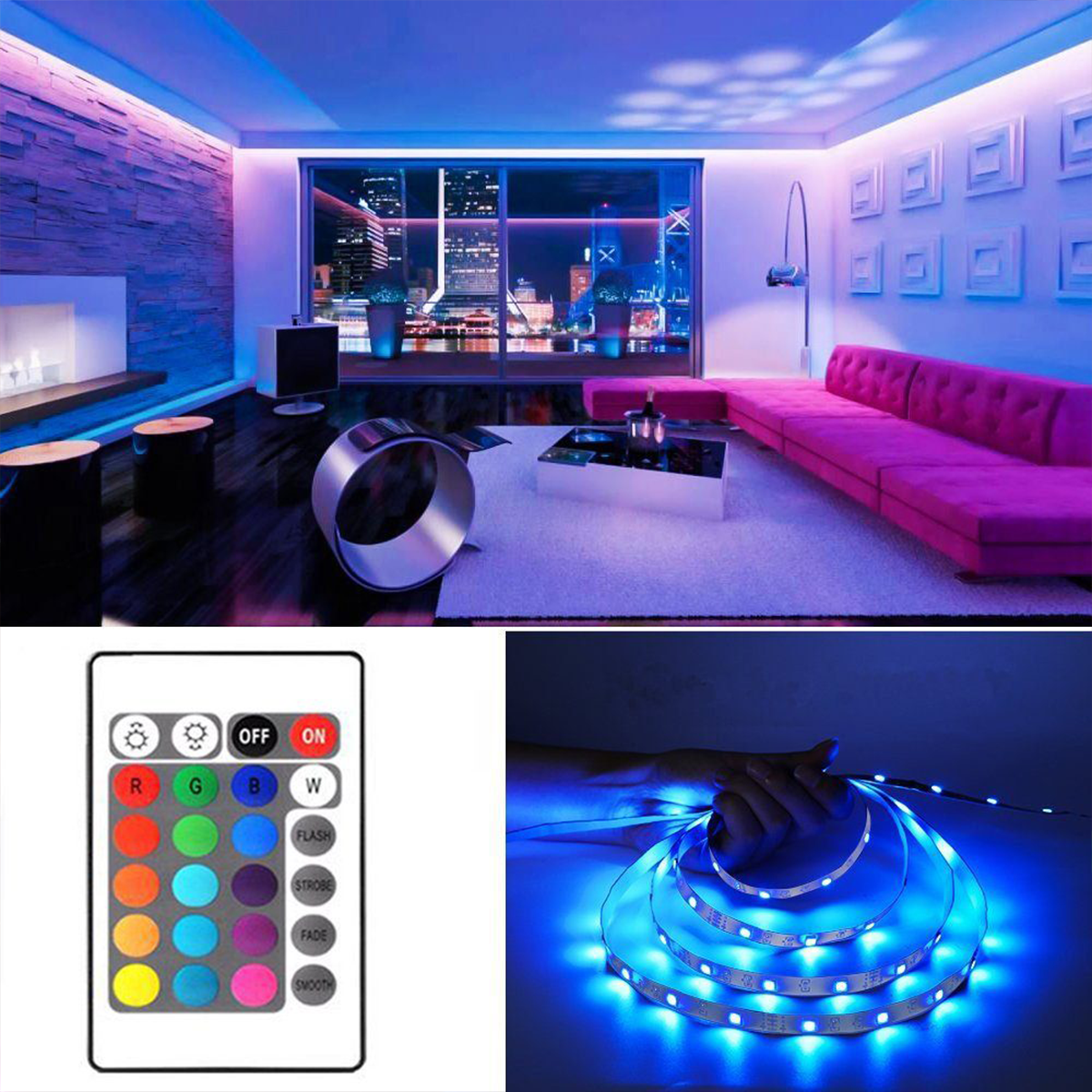 Ein modernes Zimmer mit blauer und magenta LED-Beleuchtung. Eine Fernbedienung und ein LED-Streifen sind im Bild.