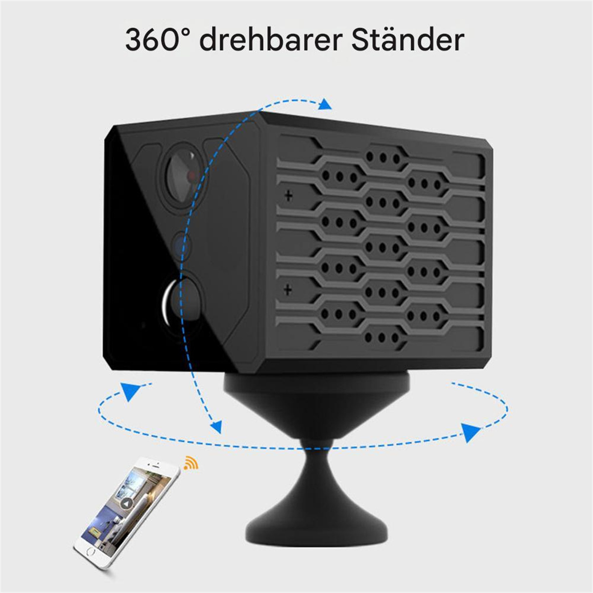 Eine schwarze quadratische Kamera auf einem Ständer, mit einem Telefon und sich drehenden Pfeilen.