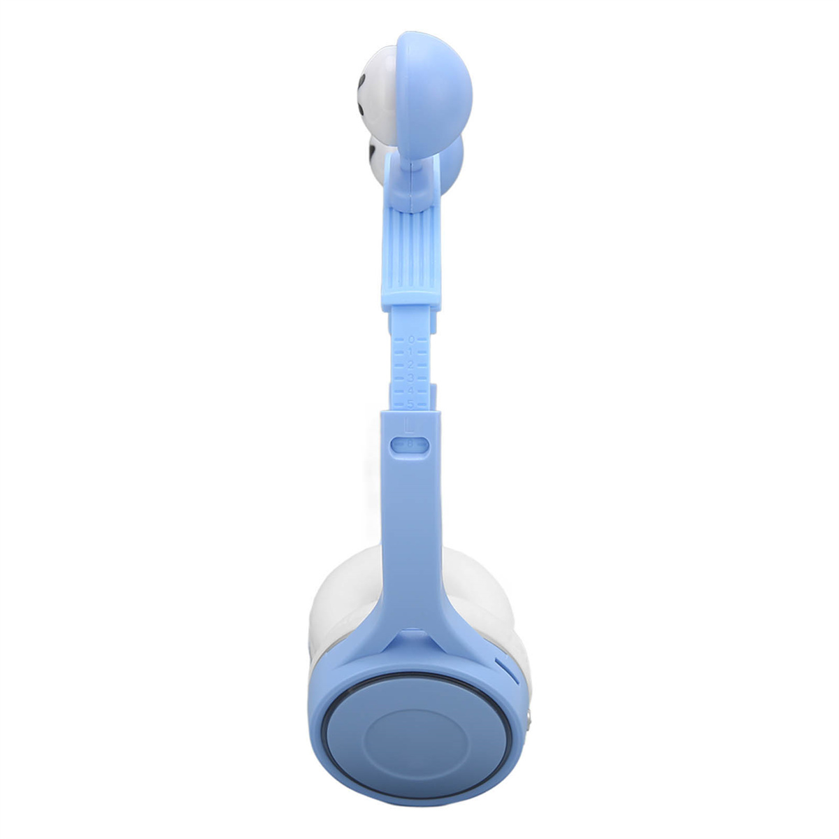Blaue und weiße Cartoon-Kopfhörer. Das Kopfband ist mit Zahlen verstellbar. Sie haben ein blaues kreisförmiges Ohrmuscheldesign.