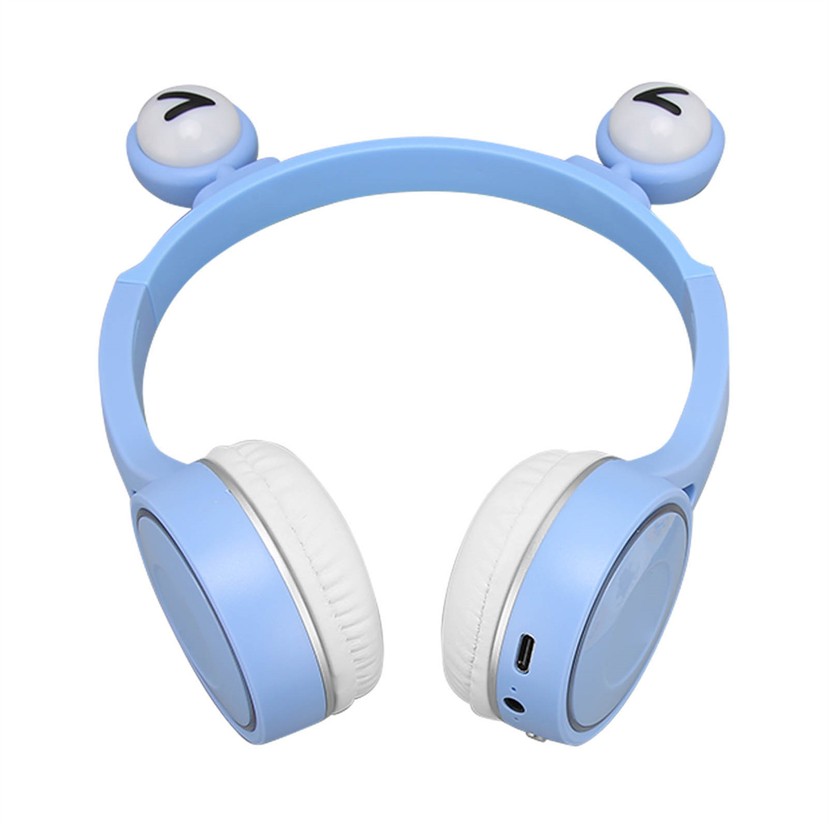 Blaue Kopfhörer mit Cartoon-Augen und weißen Ohrmuscheln. Das Band ist auch blau.