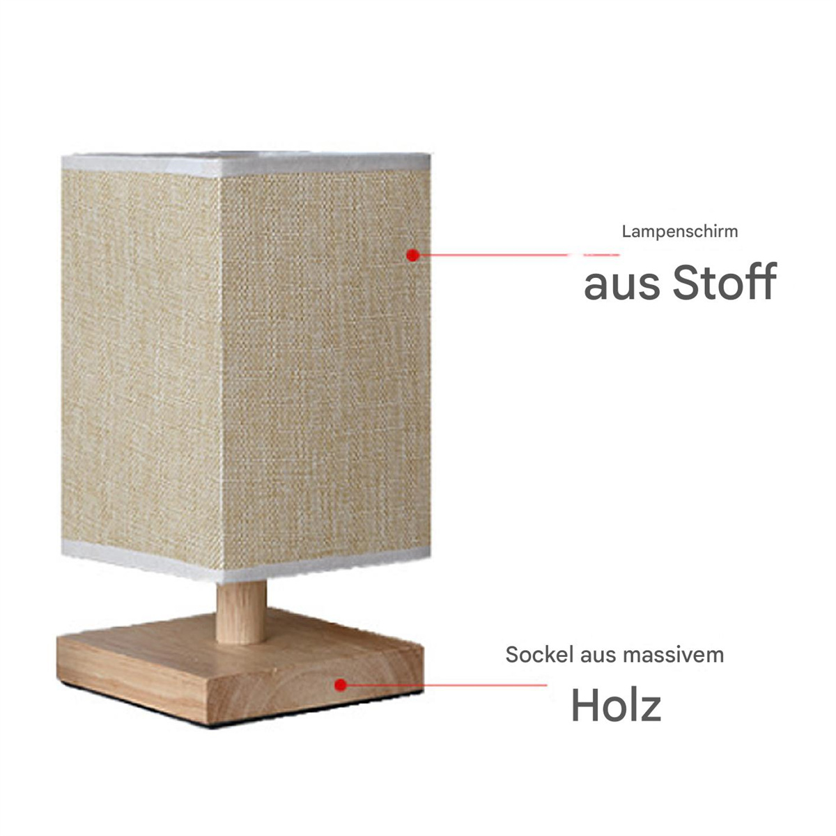 Tischlampe mit Stoffschirm und Holzsockel. Der Text auf Deutsch ist auf dem Bild.