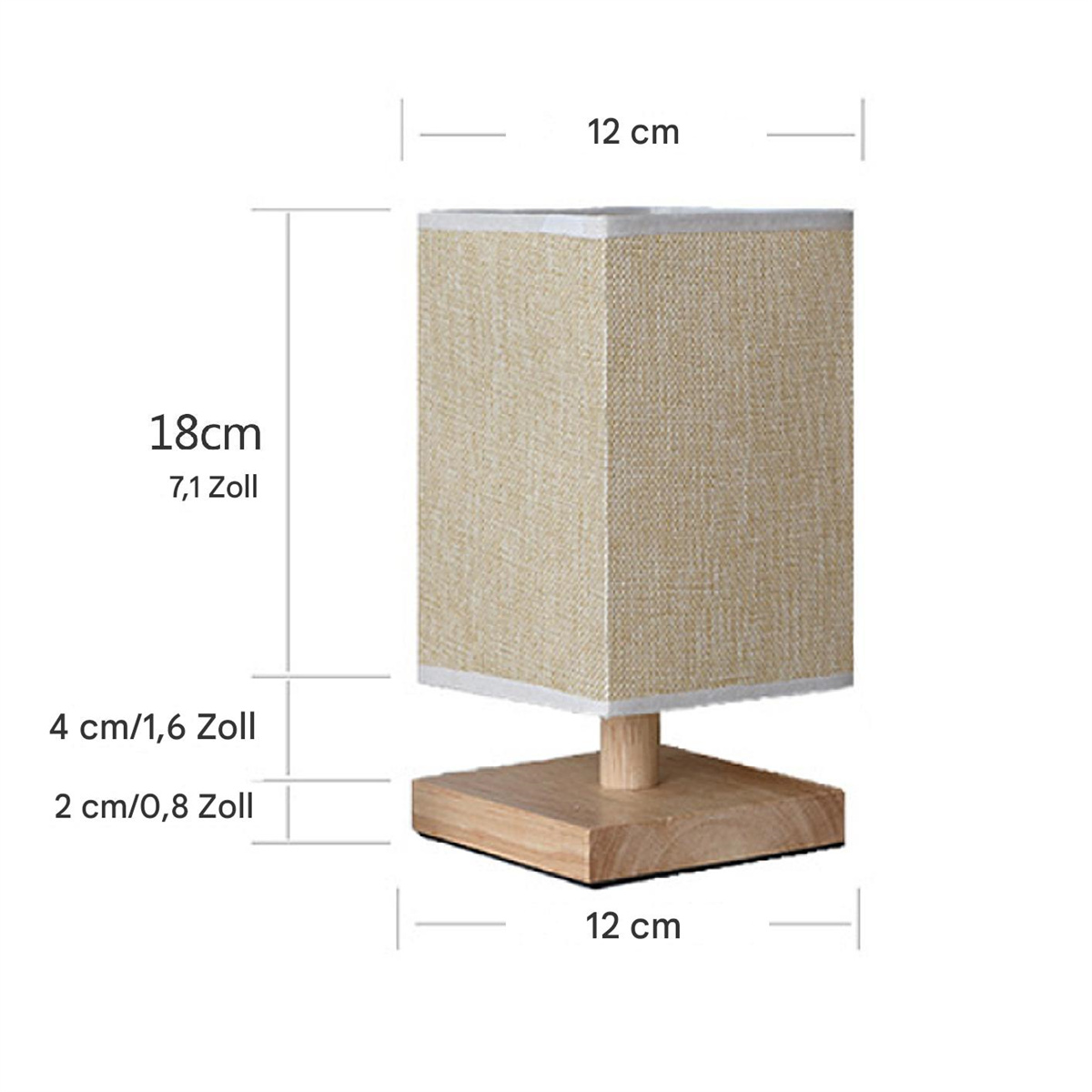 Eine beige rechteckige Lampe mit Holzsockel und Maßangaben.