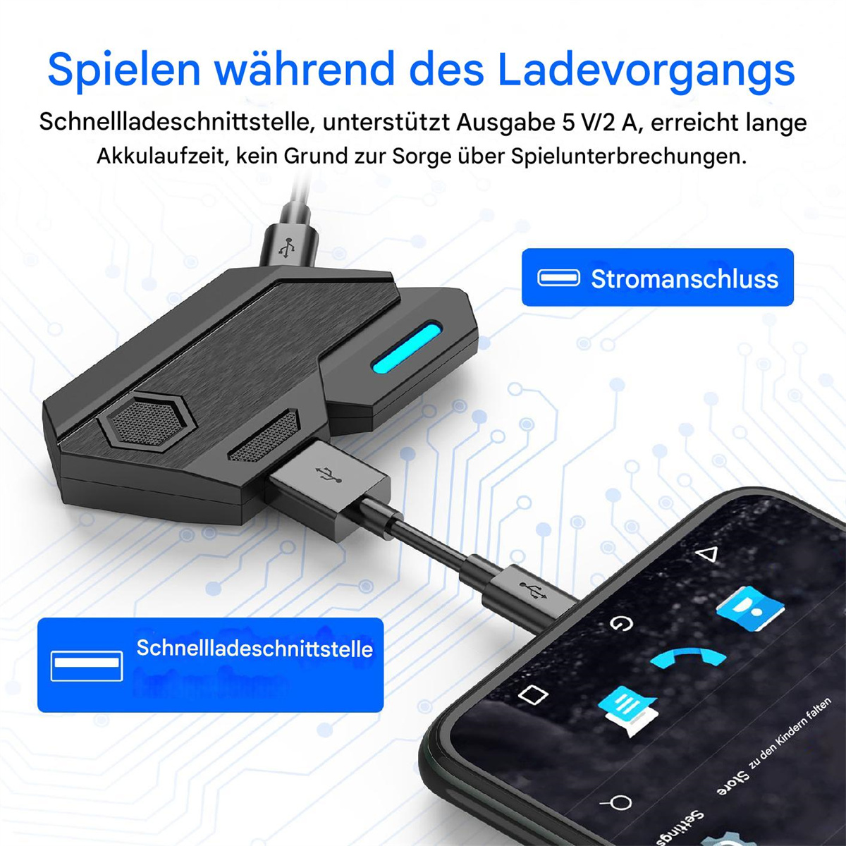Ein schwarzes Gerät mit zwei Kabeln, das mit einem Telefon verbunden ist, mit Text.