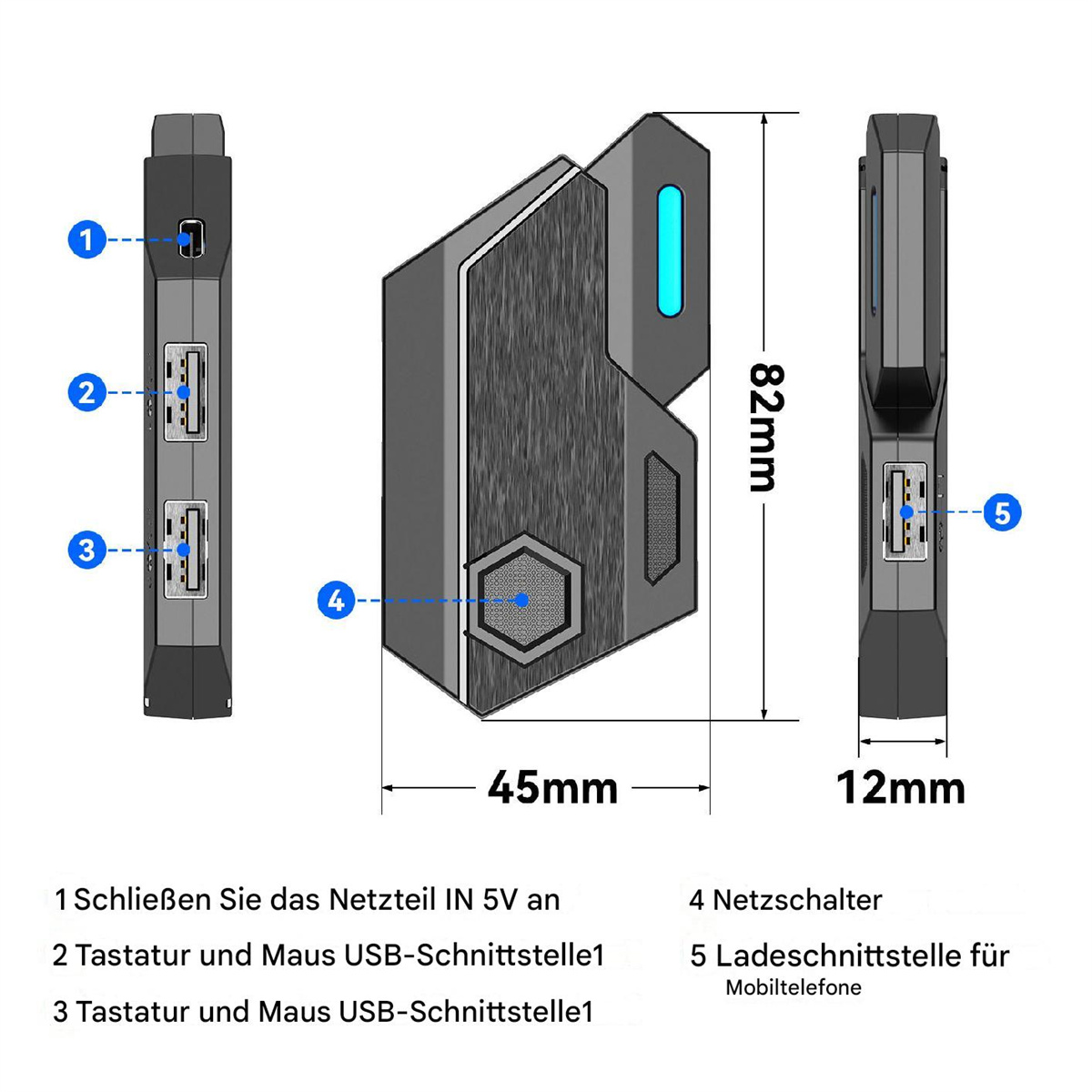 Schwarzer Multi-Port-USB-Hub mit Beschriftungen und Abmessungen vor weißem Hintergrund.