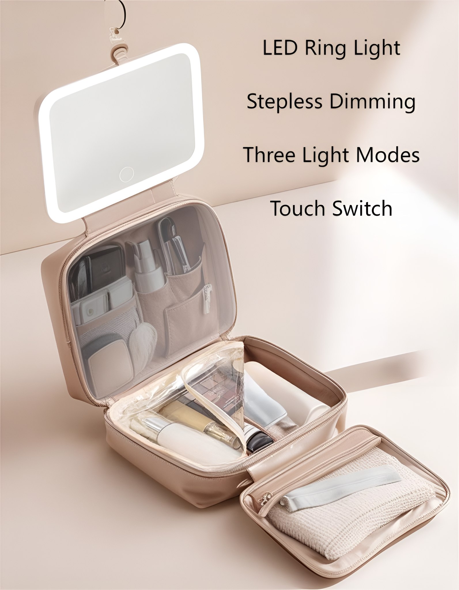 Make-up-Tasche mit Spiegel und Kosmetika. Text: LED Ring Light, Stepless Dimming, Three Light Modes, Touch Switch.