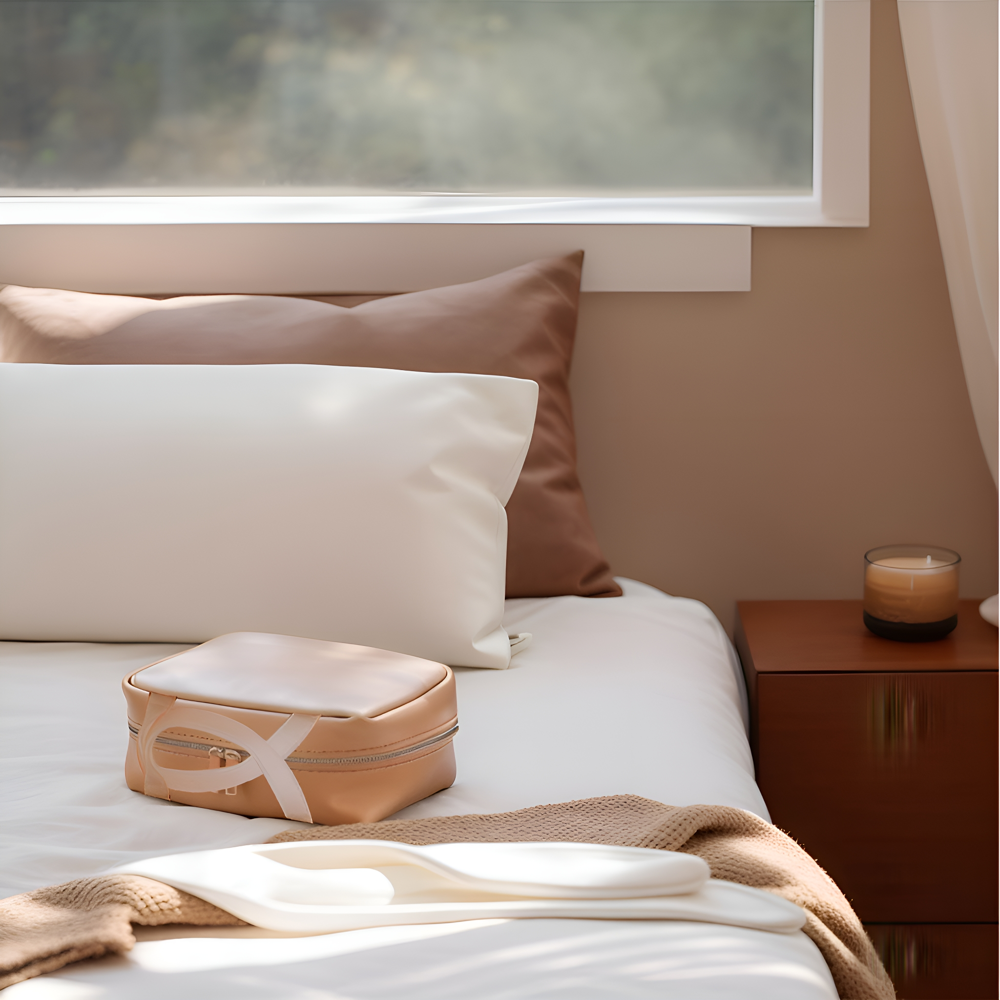 Schlafzimmer-Szene mit Bett, Kissen und einer Kosmetiktasche auf dem Bett. Kerze und Fenster.