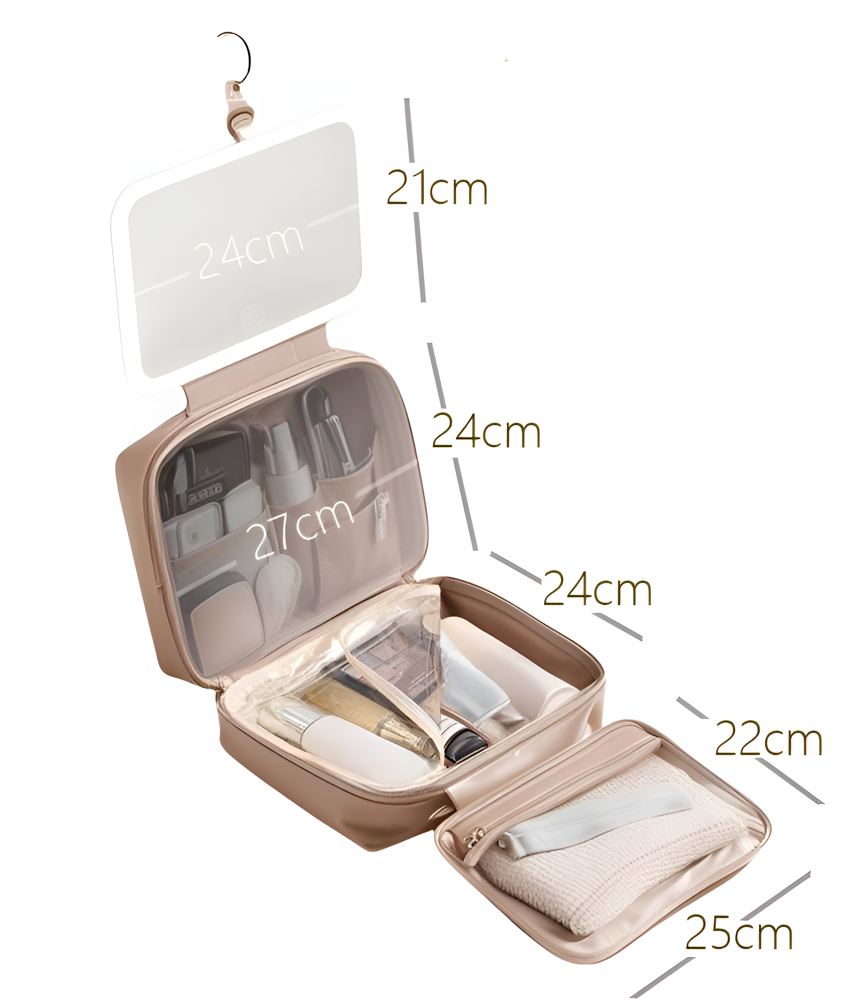 Offene Make-up-Tasche mit Spiegel. Beige Farbe. Make-up-Produkte innen. Weißer Hintergrund.