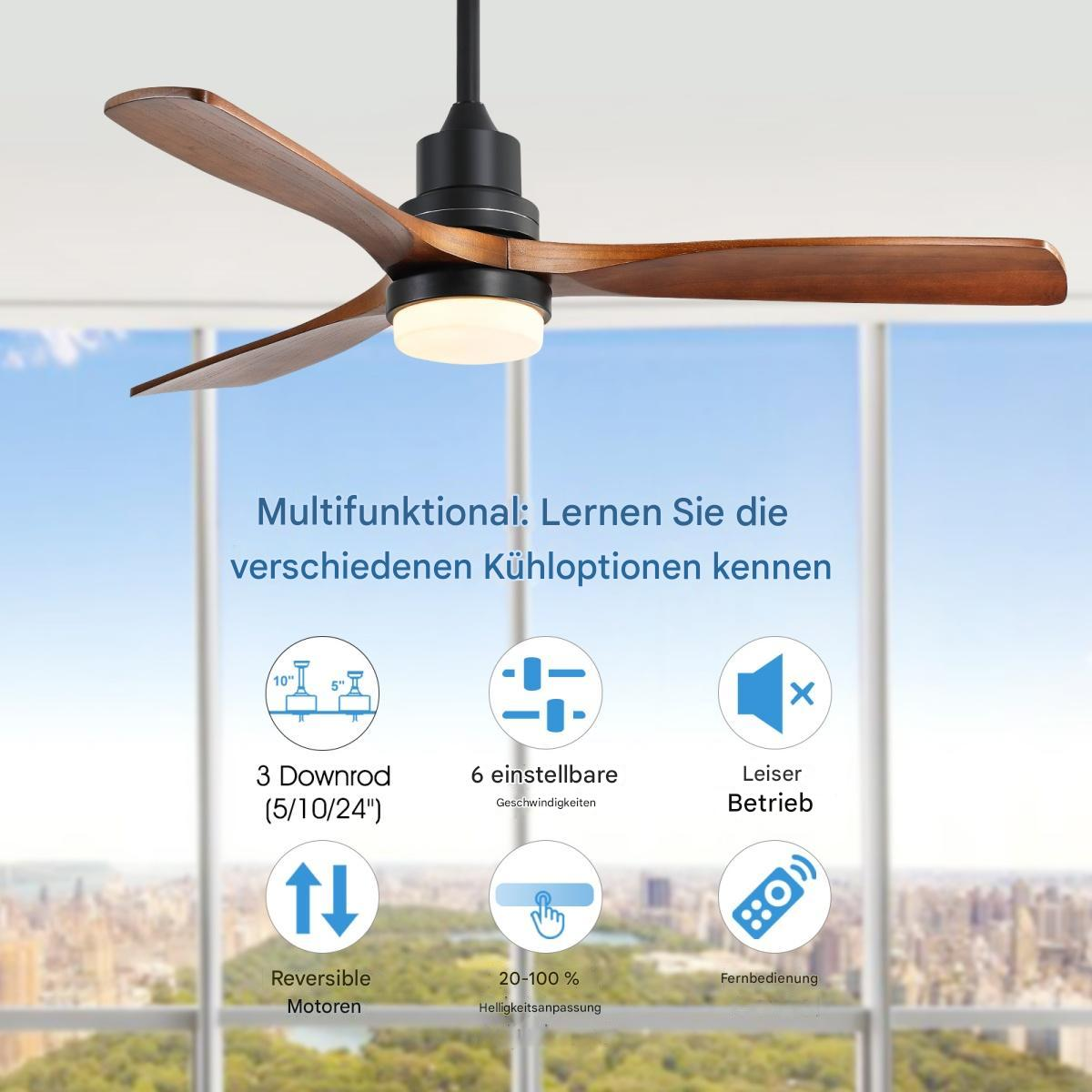 Deckenventilator mit Holzflügeln, schwarzem Motor und Licht, mit Informationssymbolen.