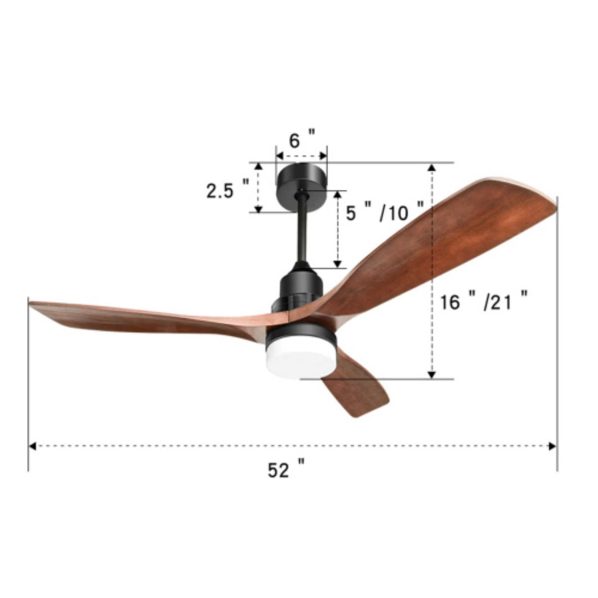 Deckenventilator mit drei Holzblättern und zentraler Leuchte. Maße sind auf dem Bild annotiert.