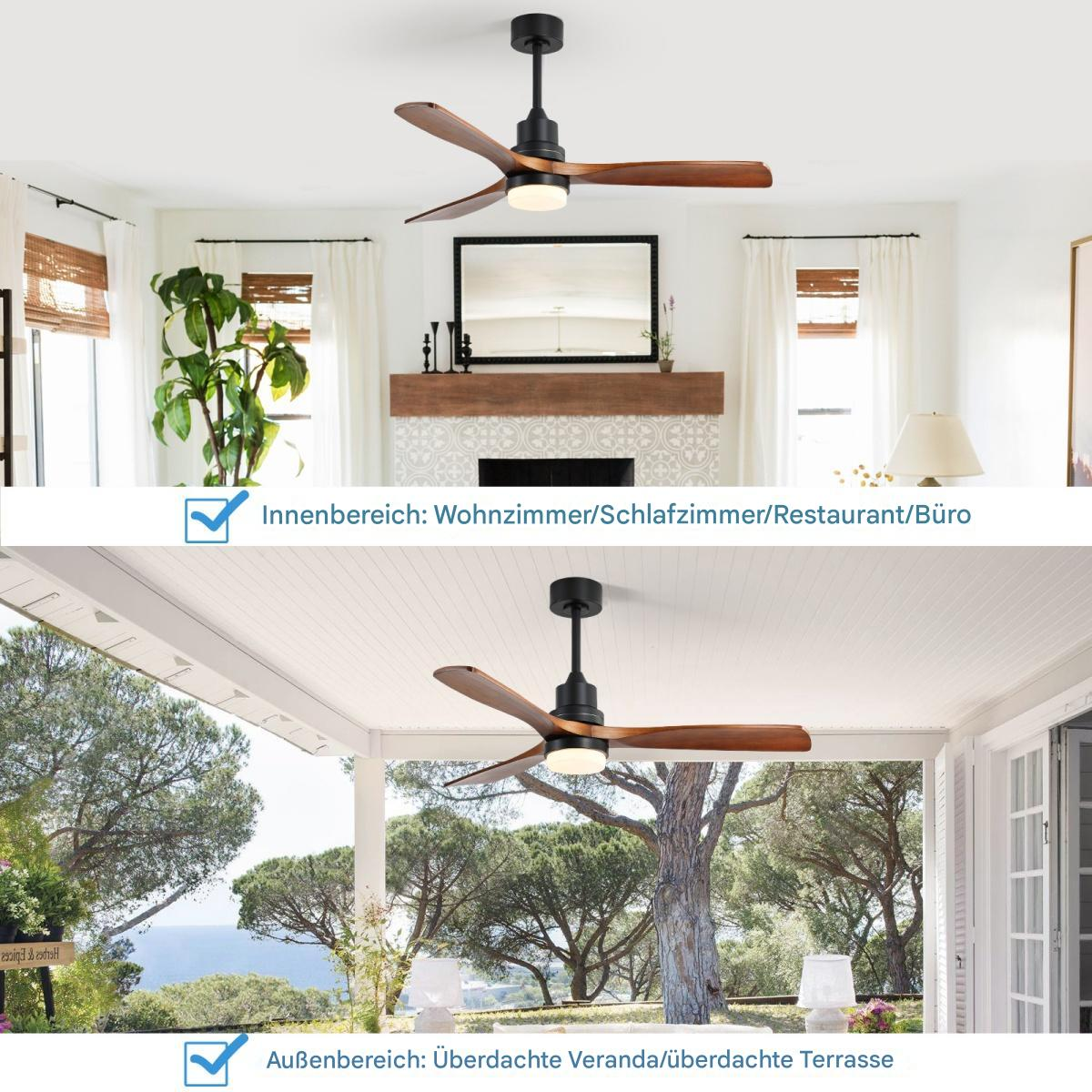 Zwei Bilder von Deckenventilatoren. Eines drinnen, eines draußen auf einer Veranda. Beide haben Holzblätter und Licht.