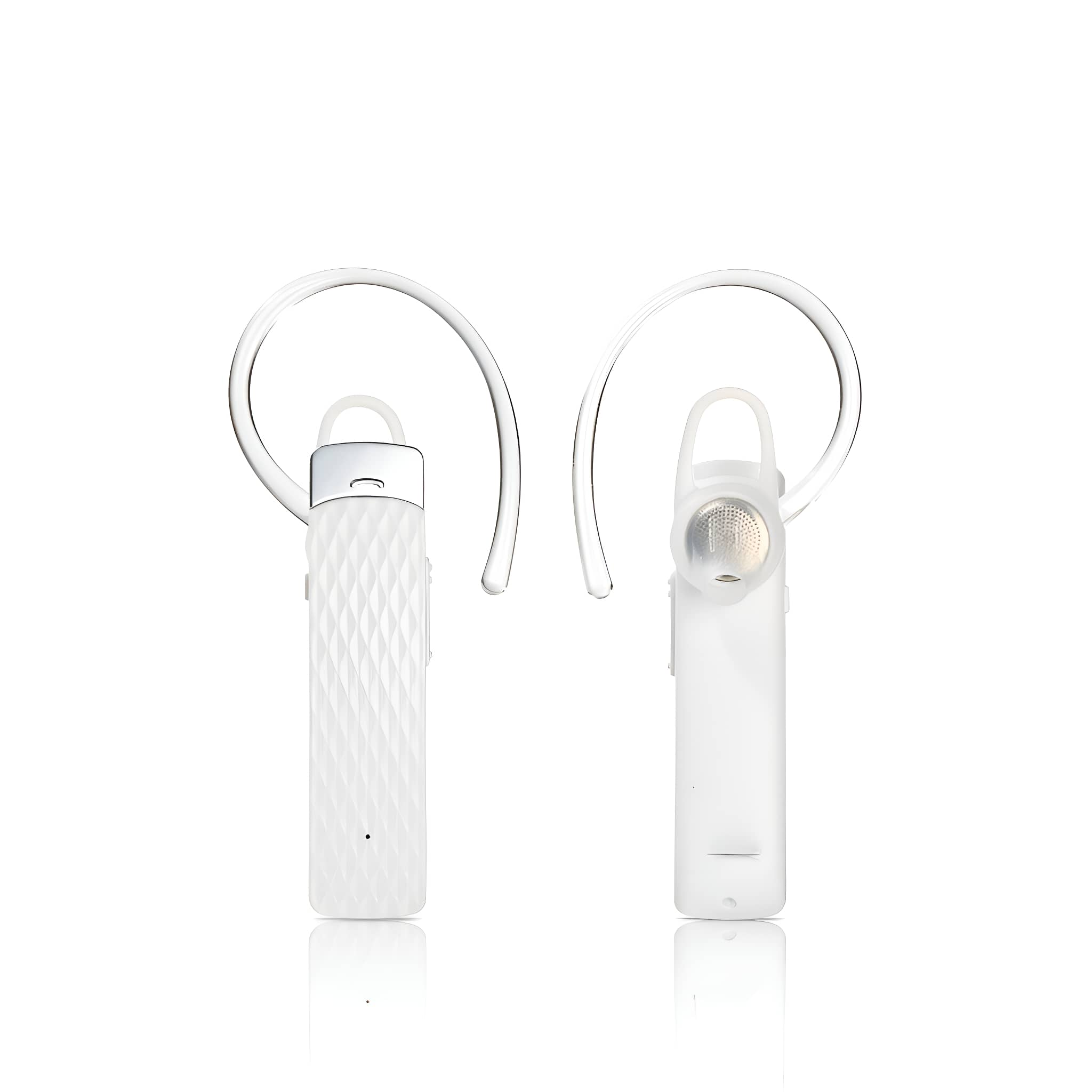 Zwei weiße Bluetooth-Headsets auf weißem Hintergrund, die verschiedene Seiten zeigen.