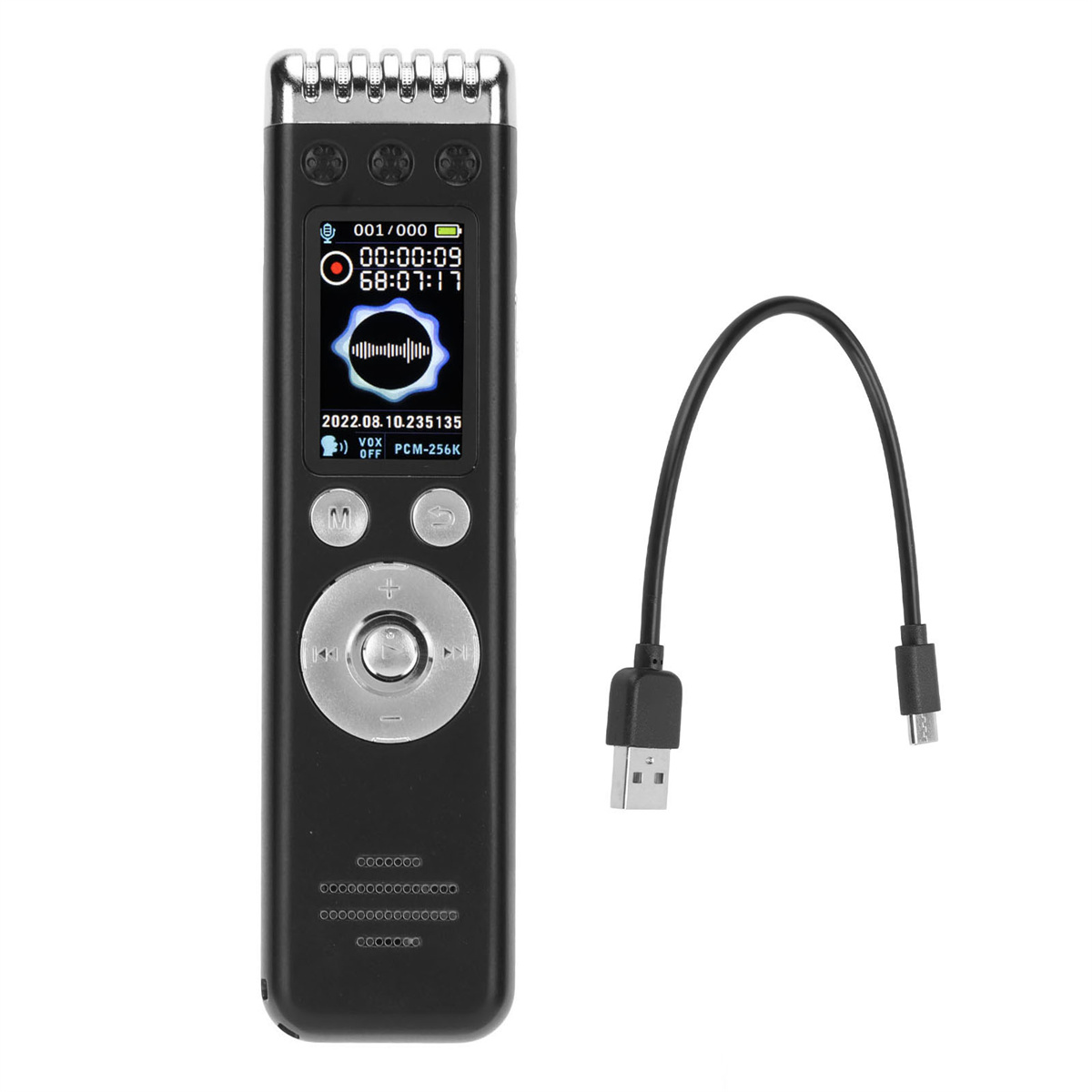 Ein schwarzes digitales Aufnahmegerät mit Bildschirm und Knöpfen sowie ein schwarzes USB-Kabel.