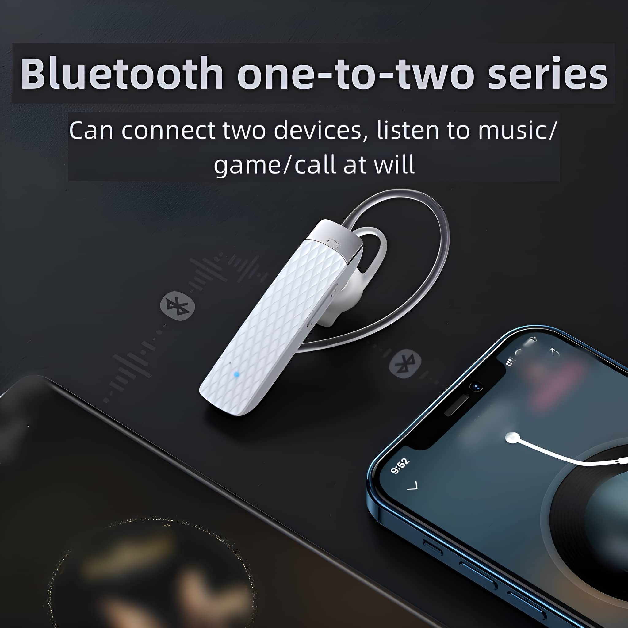 Weißes Bluetooth-Headset mit Telefon und zwei Handys auf dunkler Oberfläche.