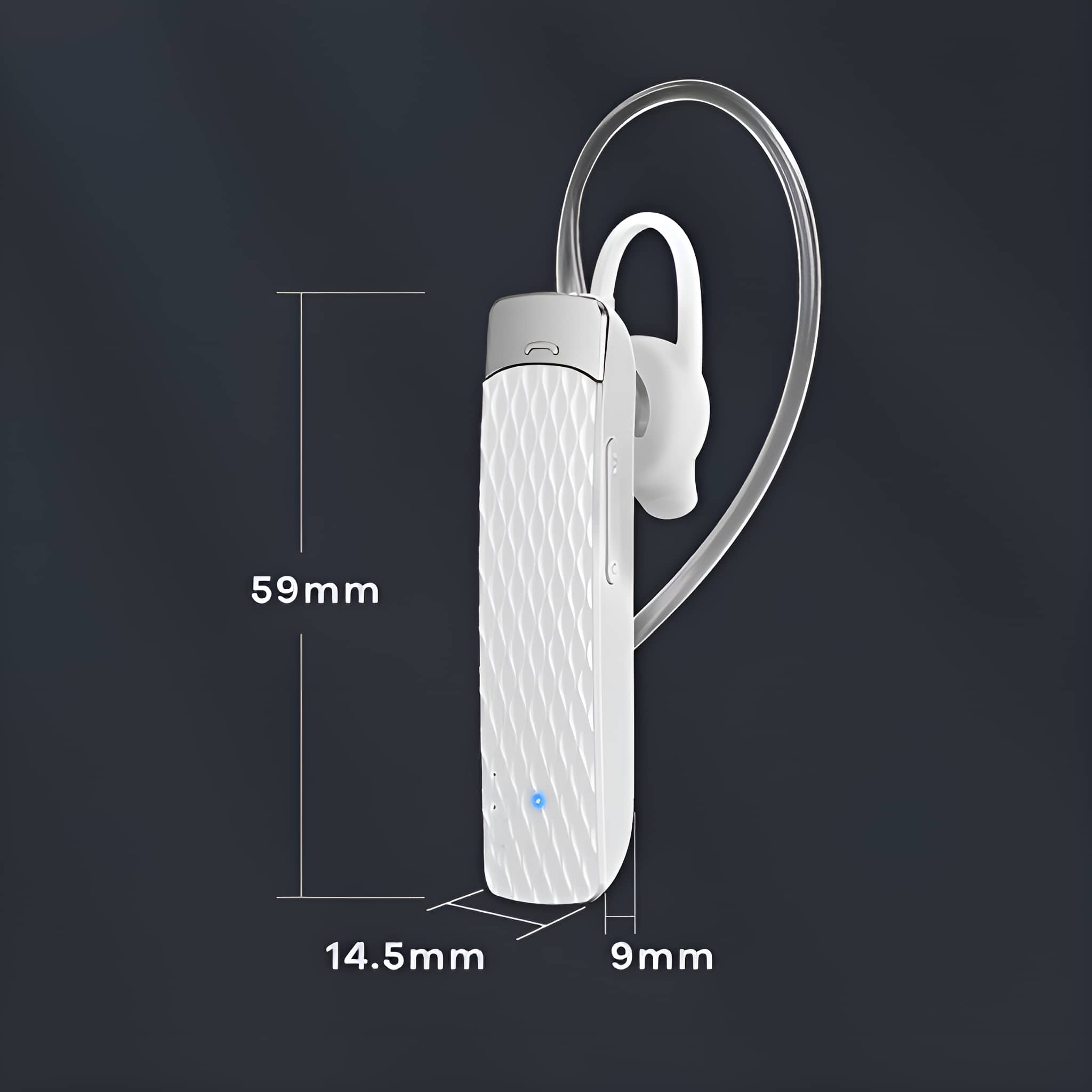 Ein weißes Bluetooth-Headset mit elegantem, strukturiertem Design und Ohrbügel.