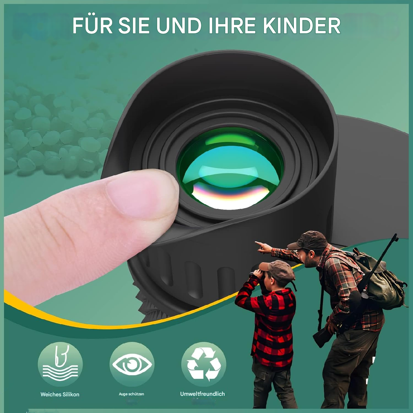 Person zeigt auf einen Jungen mit Monokular. Text: 'Für Sie und Ihre Kinder'.