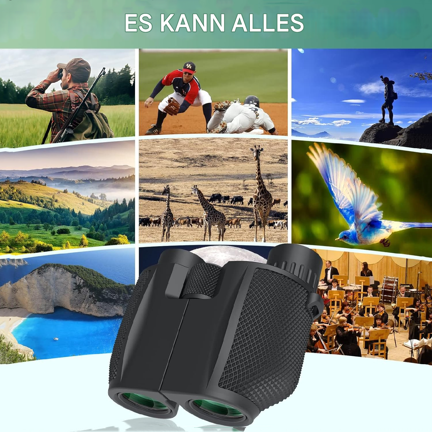 Verschiedene Szenen: ein Jäger, ein Baseballspiel, Berge, Giraffen, ein Vogel, ein Fernglas und ein Orchester.